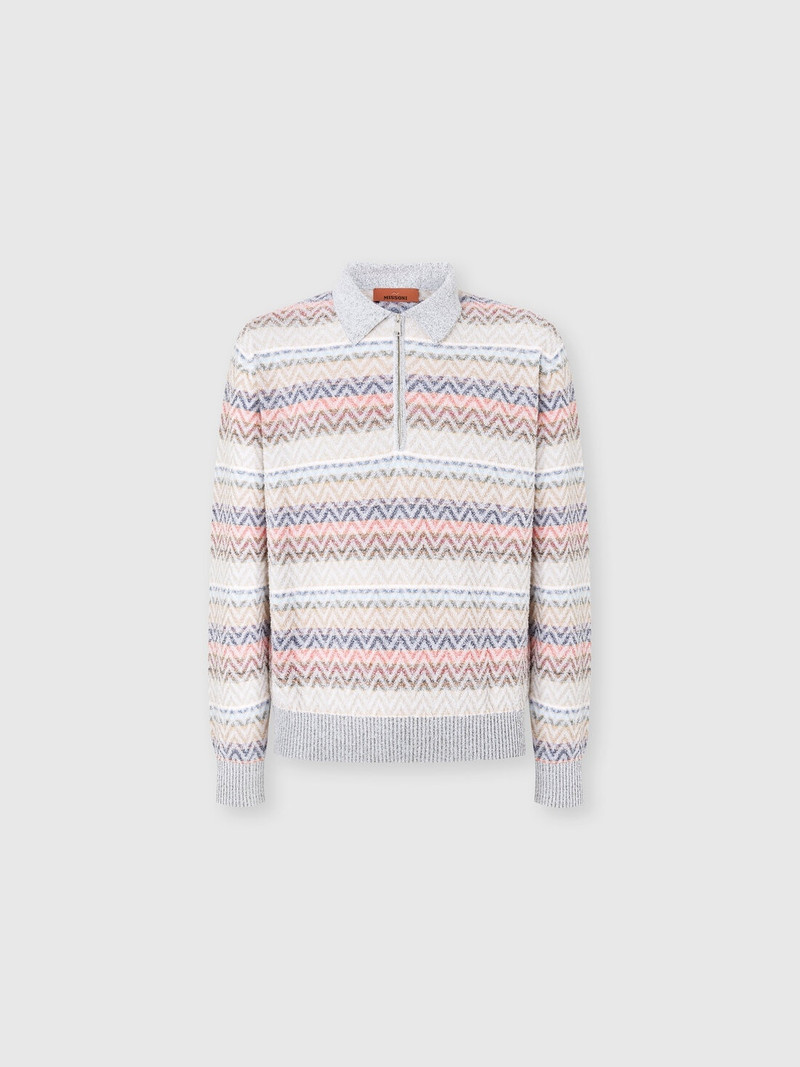 Long-sleeved zig zag knit polo shirt with half-zip collar 1