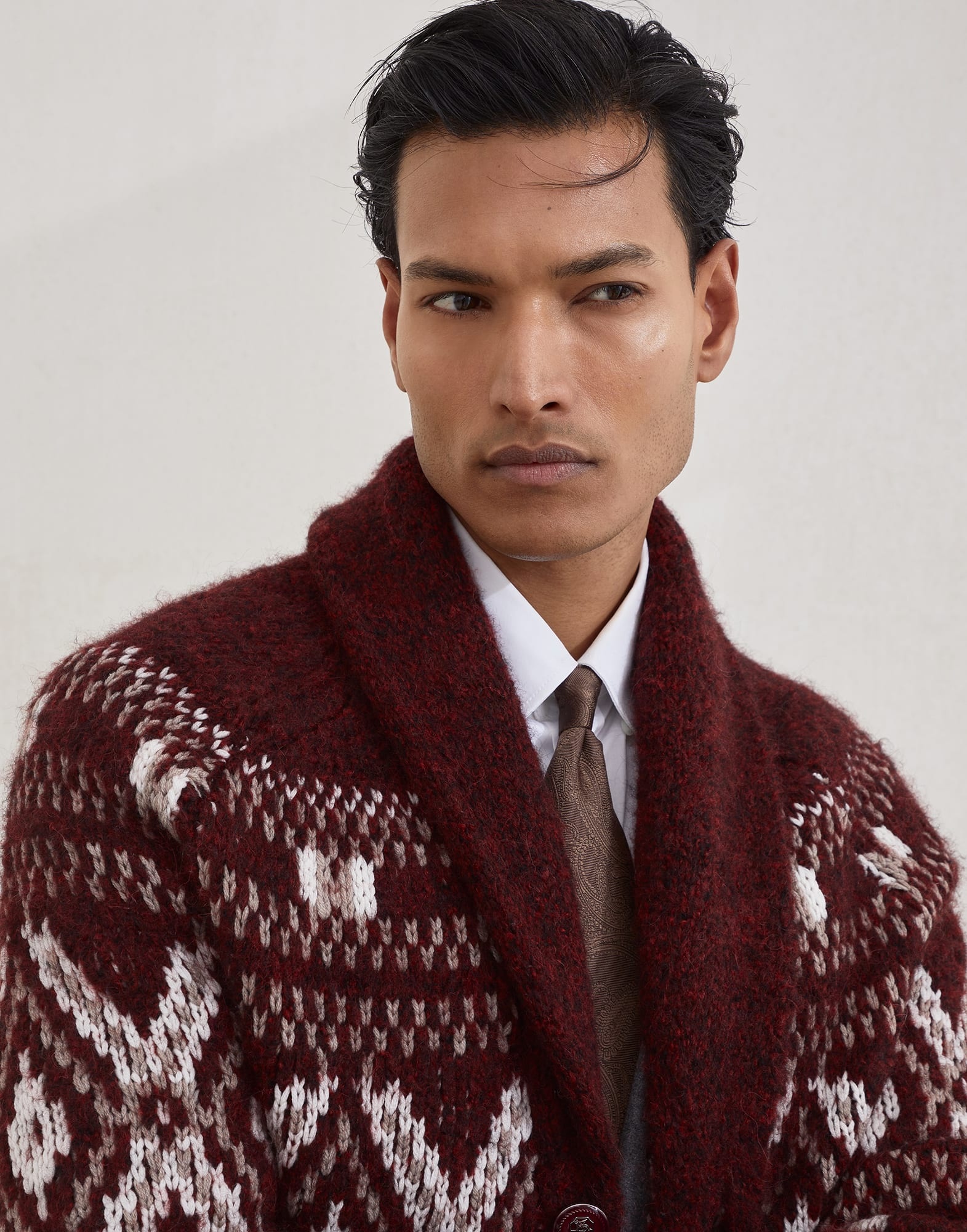 Alpaca, virgin wool and cashmere geometric jacquard cardigan with metal buttons - 3