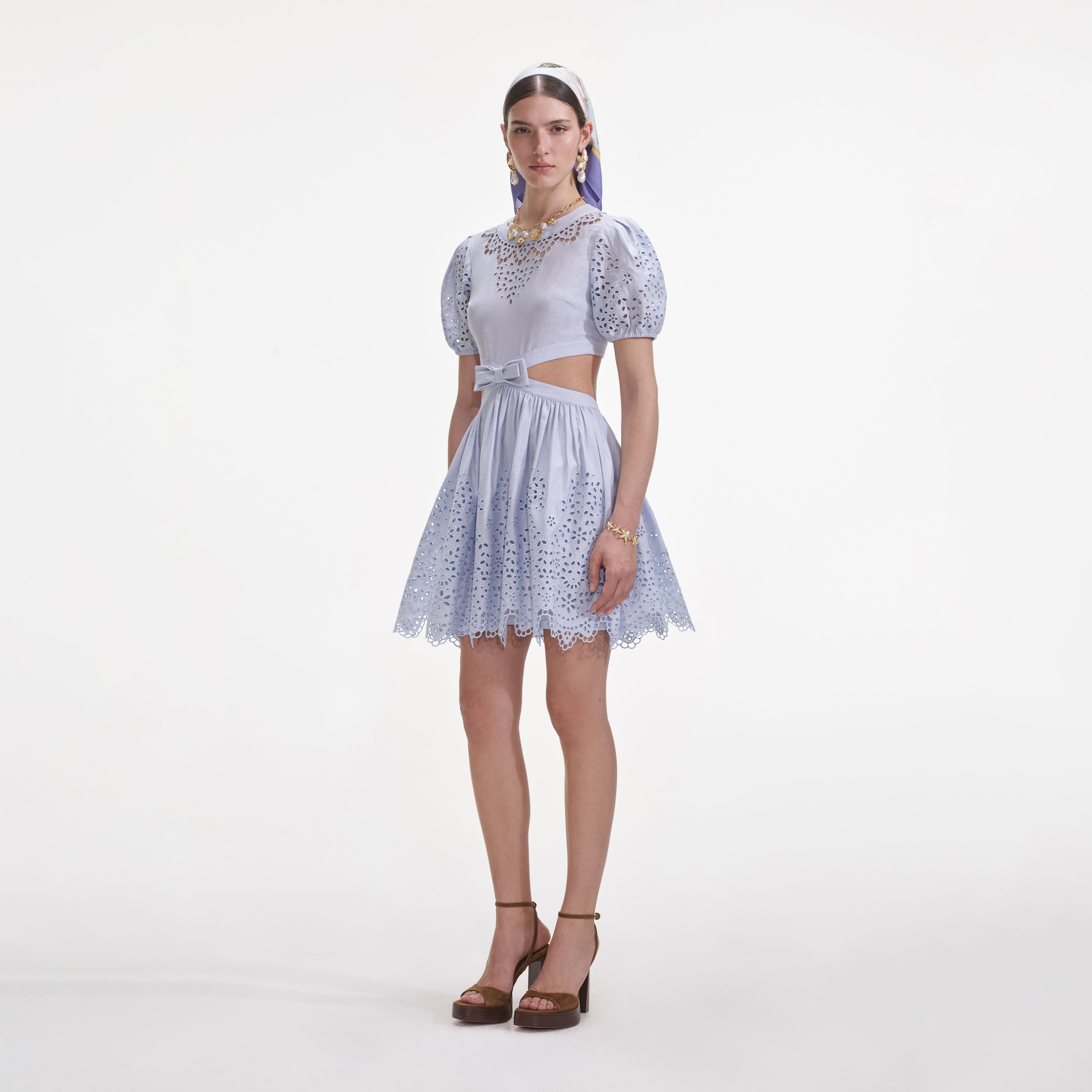 Blue Embroidered Linen Mini Dress - 2