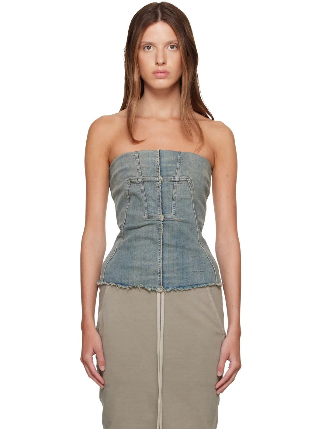 Blue Tower Splintered Denim Bustier Top - 1