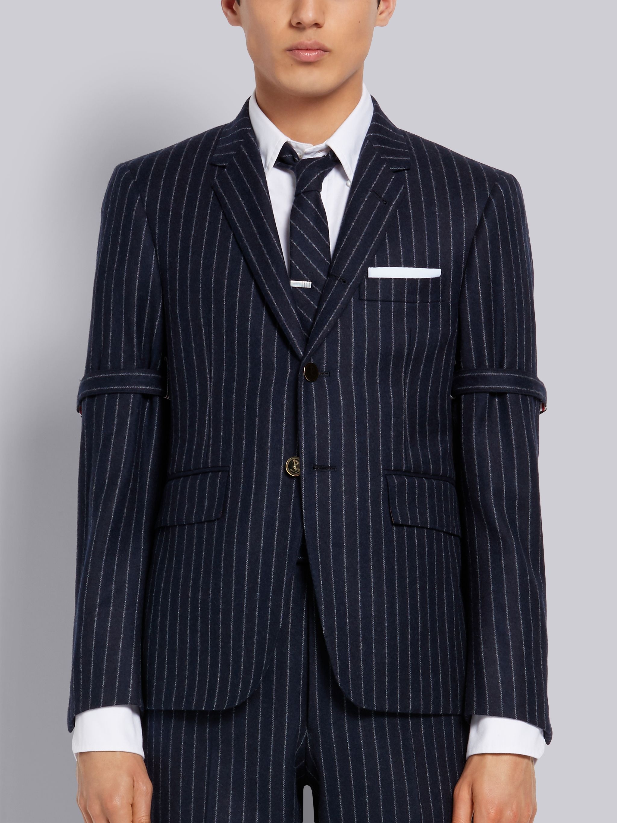 Navy Tonal Chalk Stripe Wool Flannel Armband Classic Jacket - 1