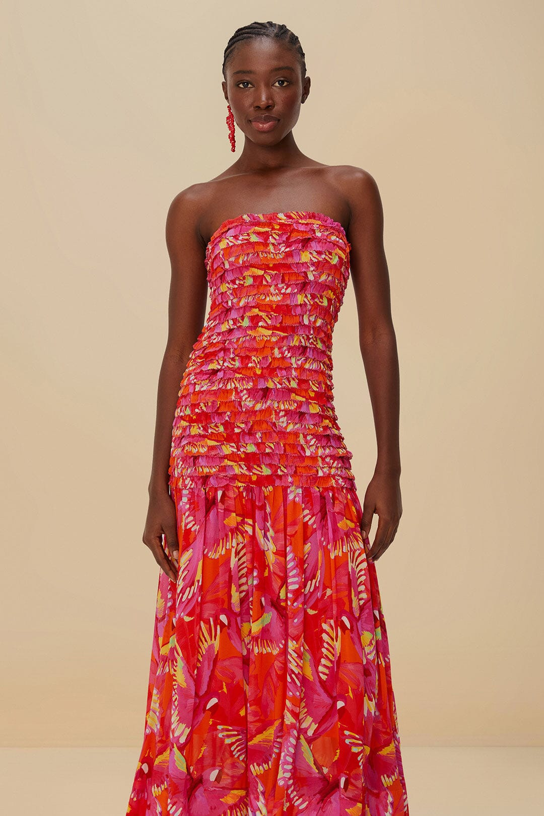 Orange Flying Birds Strapless Midi Dress - 5