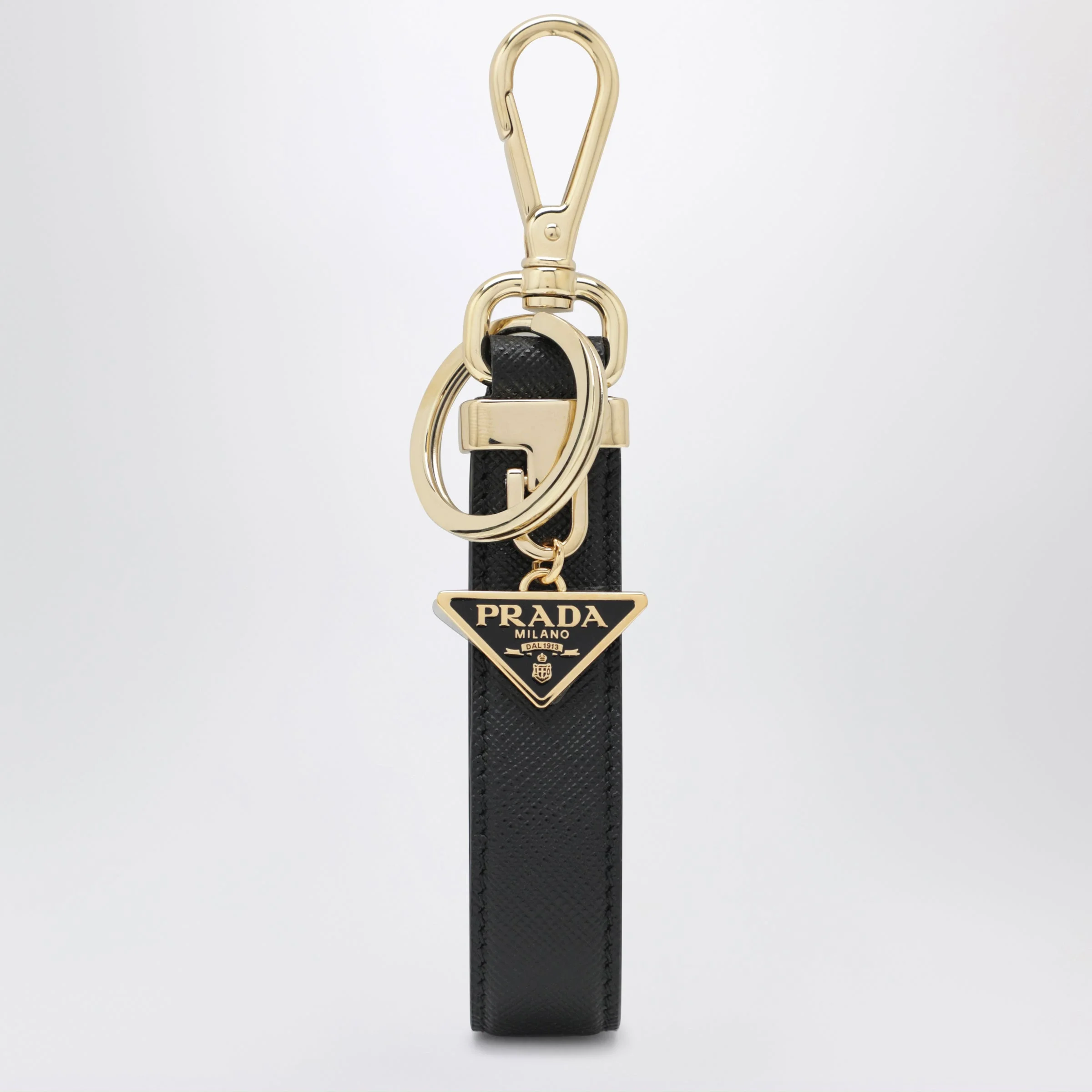 Prada Black Saffiano Leather Keyring With Triangle Logo Women - 1