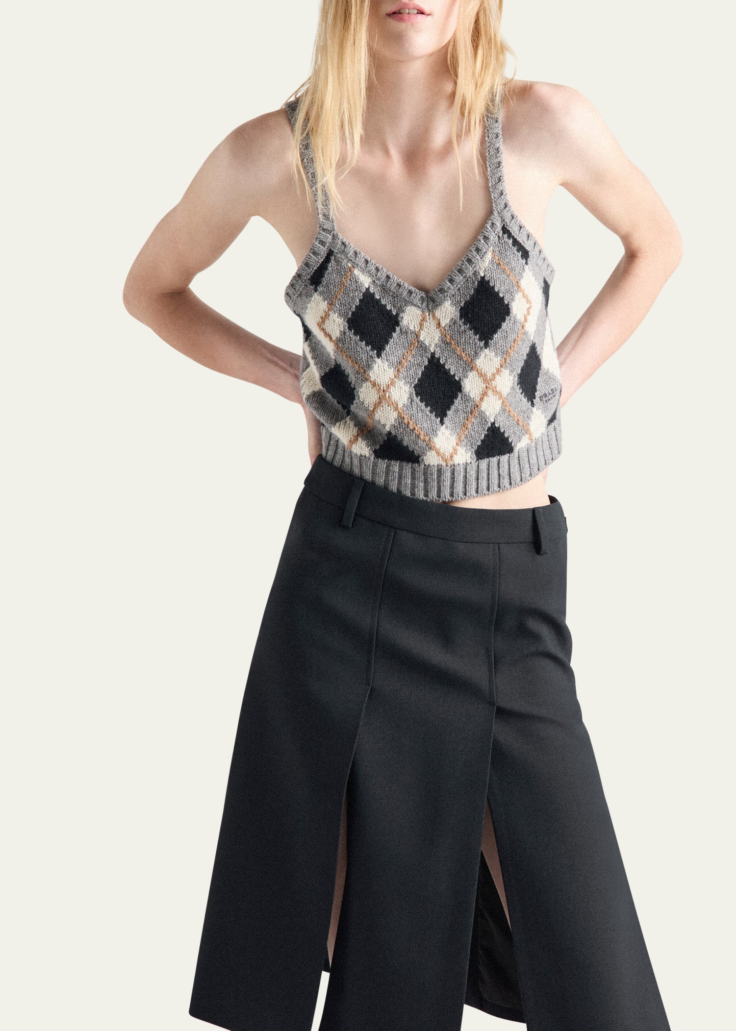 Cashmere Argyle Knit Crop Tank Top - 4