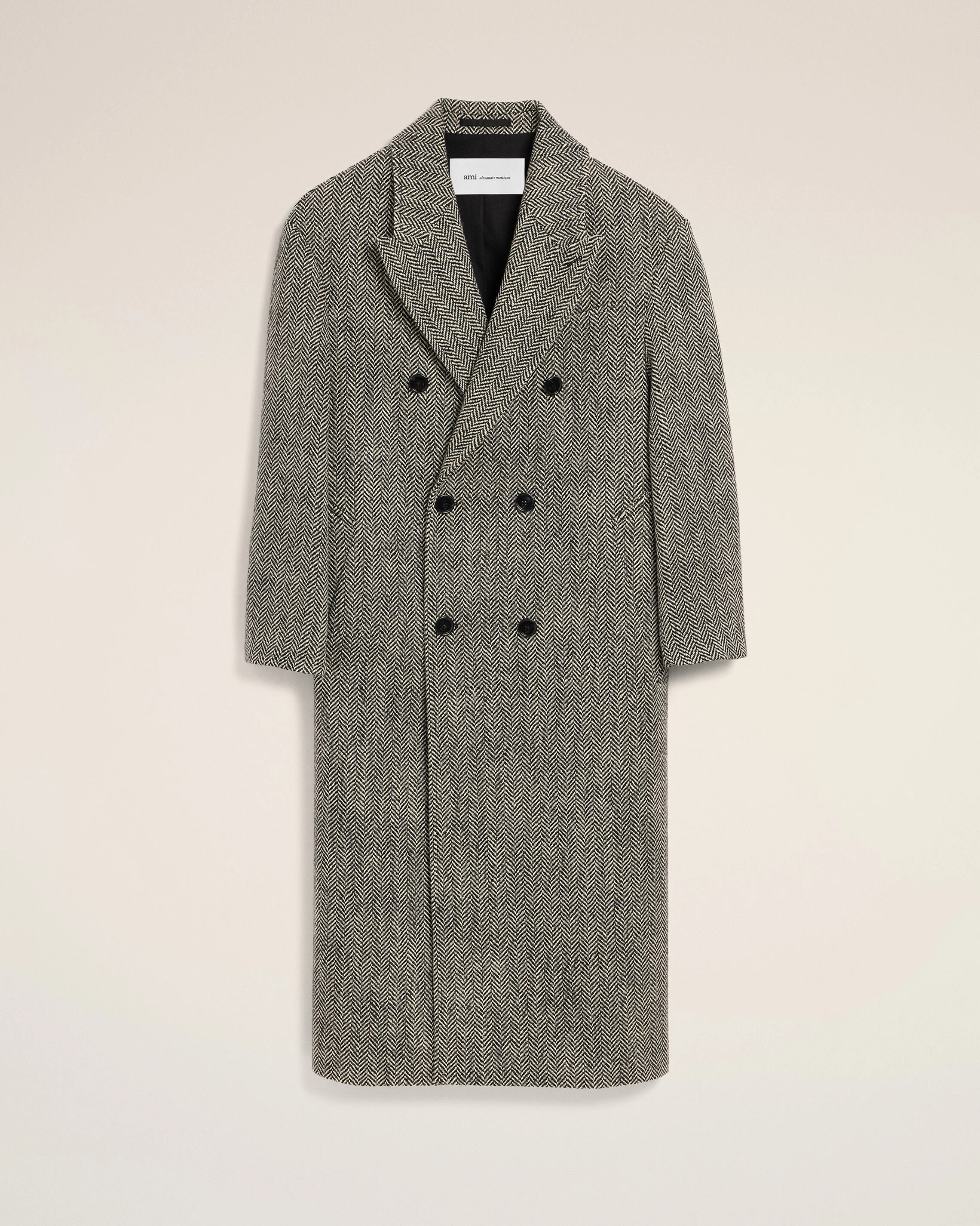 LONG BLACK DOUBLE BREASTED WOOL HERRINGBONE COAT - 1