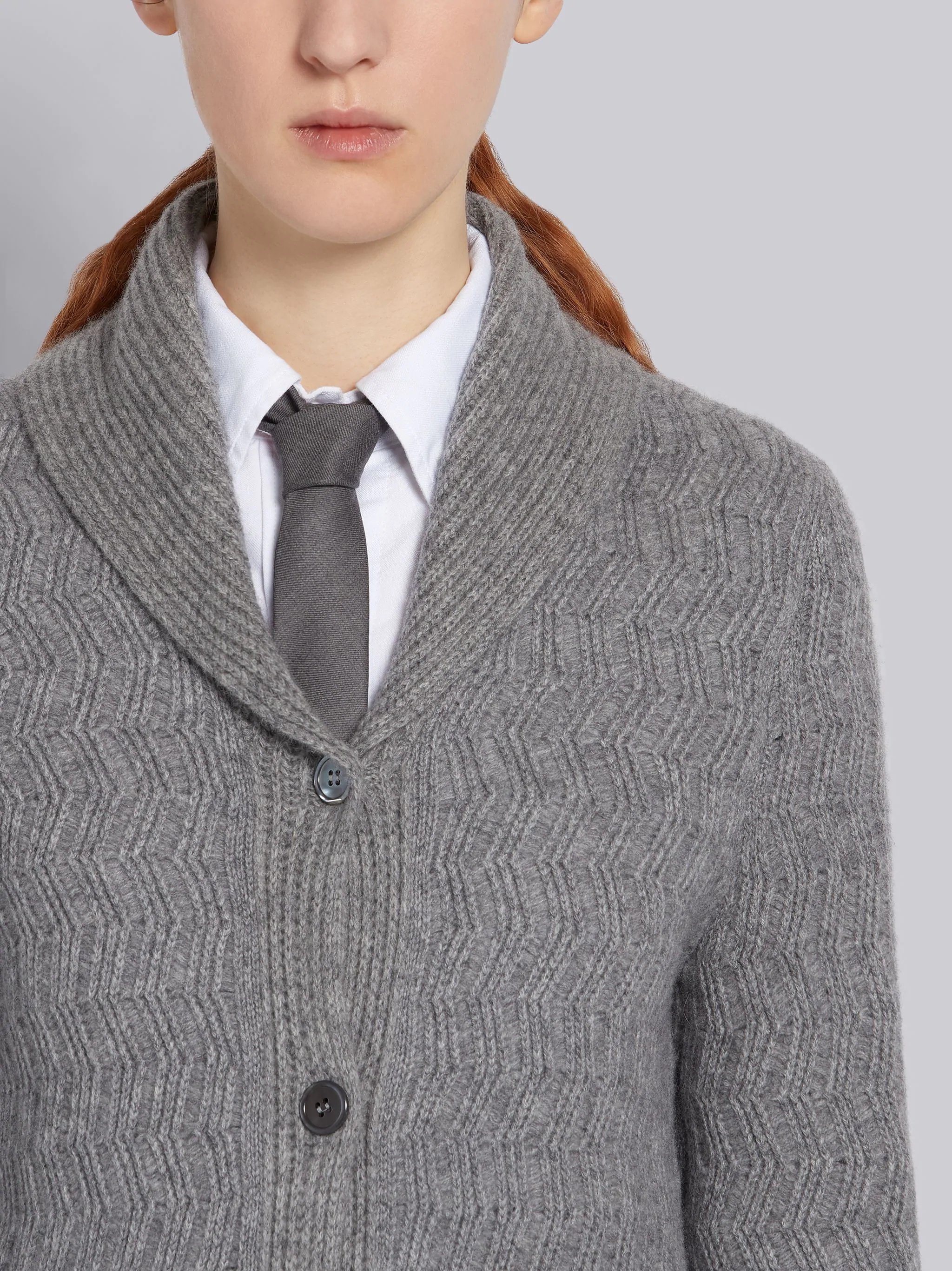 Medium Grey Cashmere Racking Stitch Shawl Collar Cardigan - 5