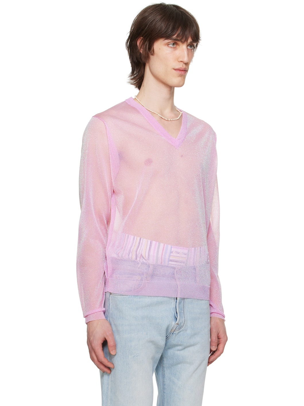 Pink V-Neck Long Sleeve T-Shirt - 4