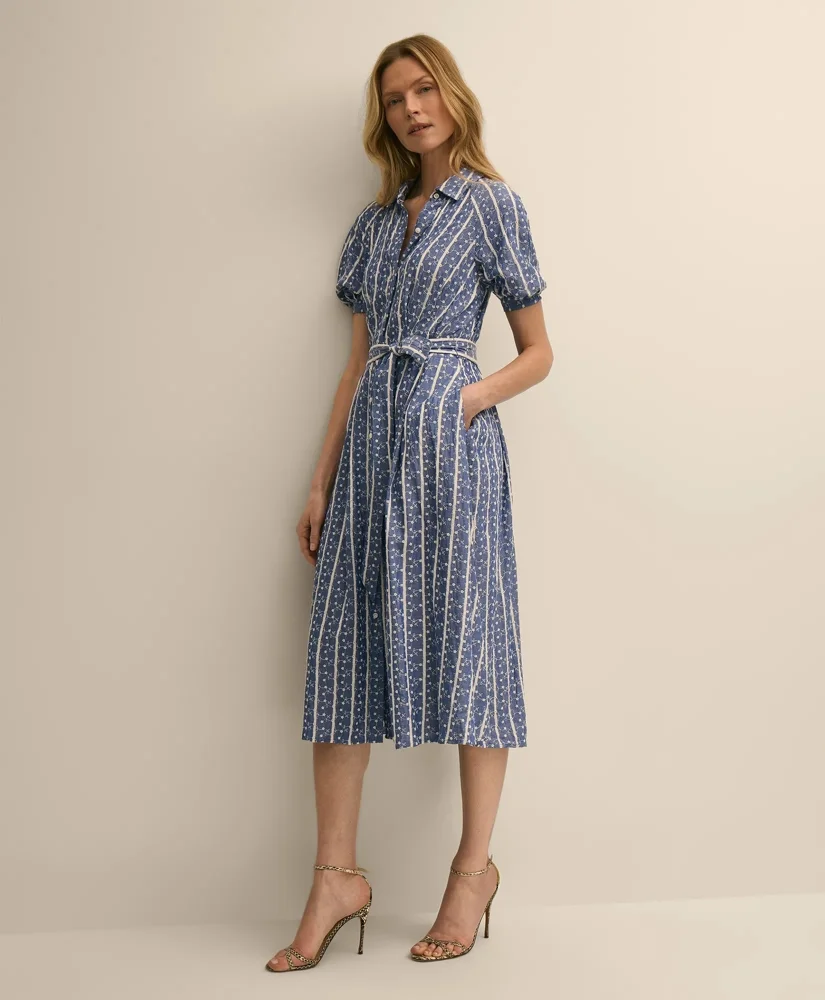 Chambray Floral-Stripe Embroidered Belted Shirt Dress - 1