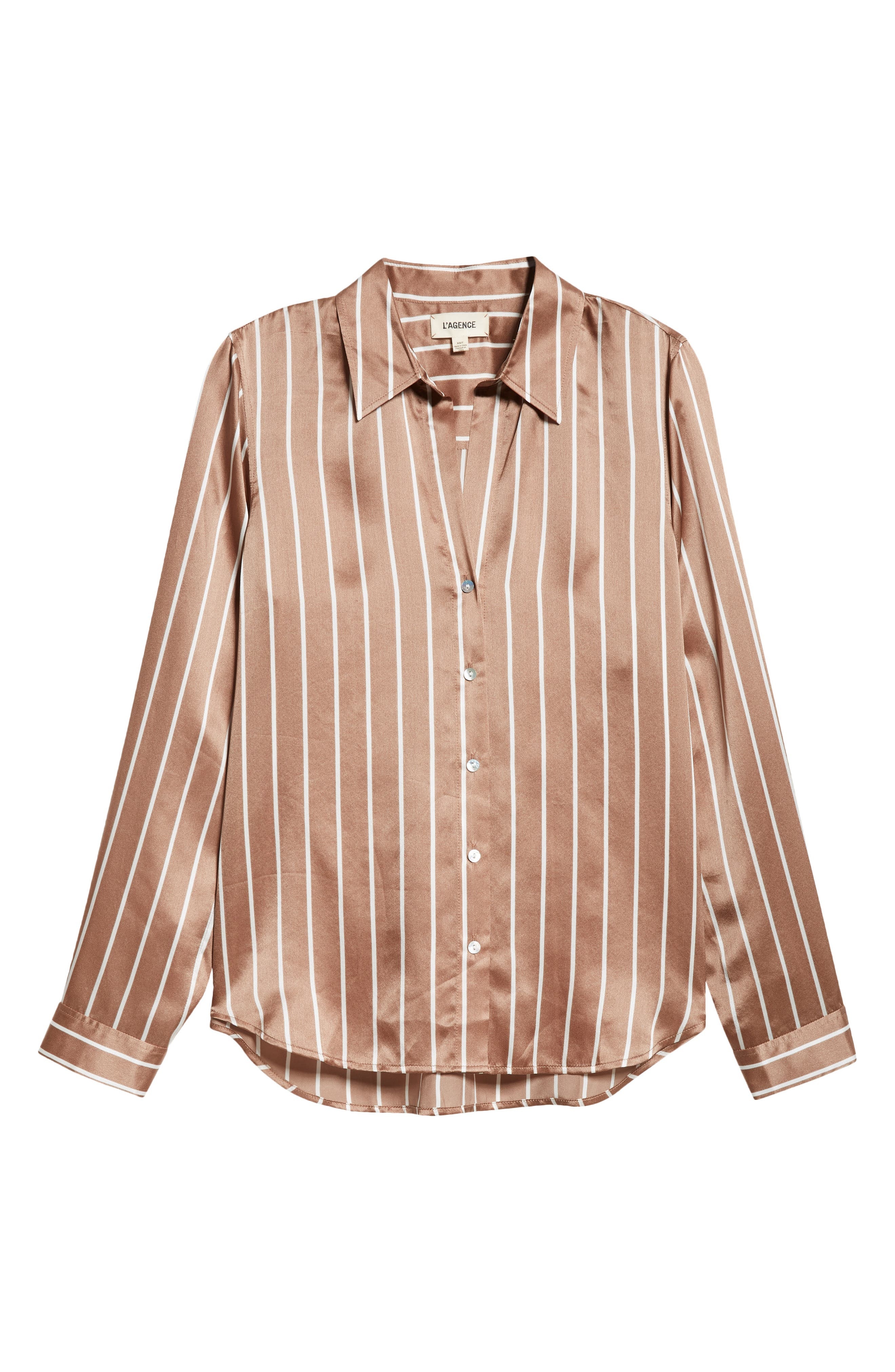 L'AGENCE Tyler Stripe Silk Button-Up Shirt in Chocolate Malt/Ecru Stripe at Nordstrom - 6