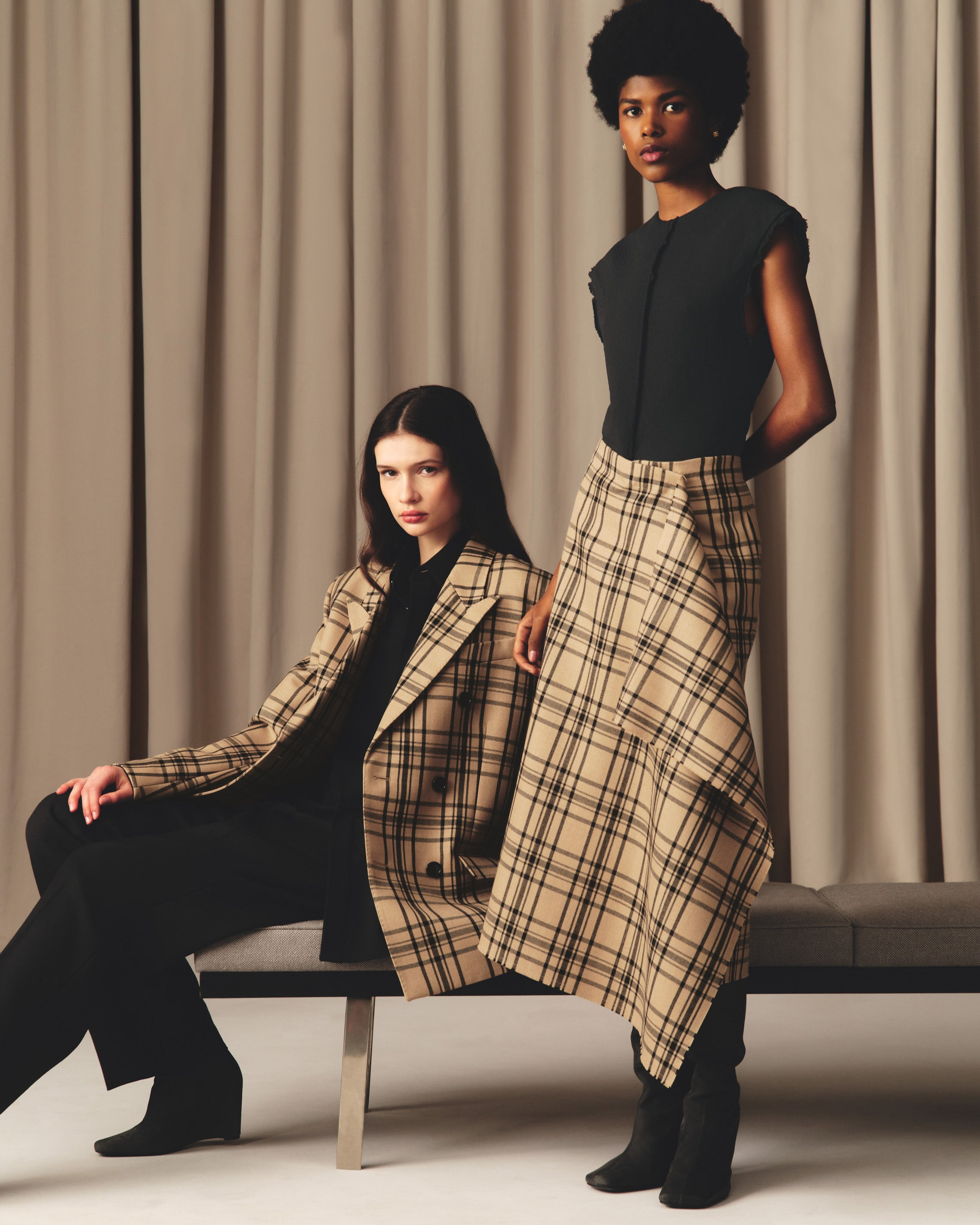 BROWN WOOL MIDI CHECKED WRAPPED SKIRT - 7