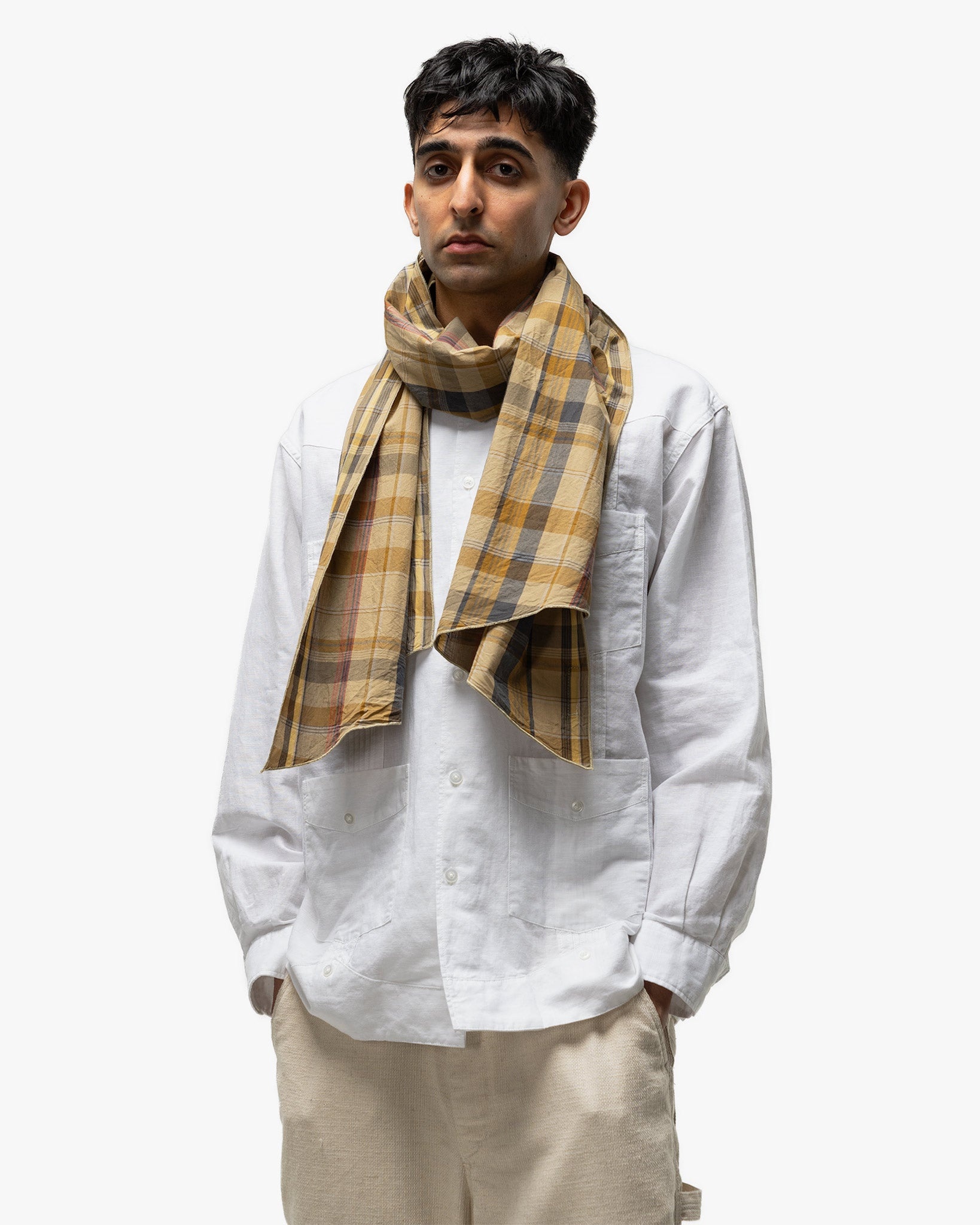 Long Scarf Cotton Madras Plaid Olive - 2