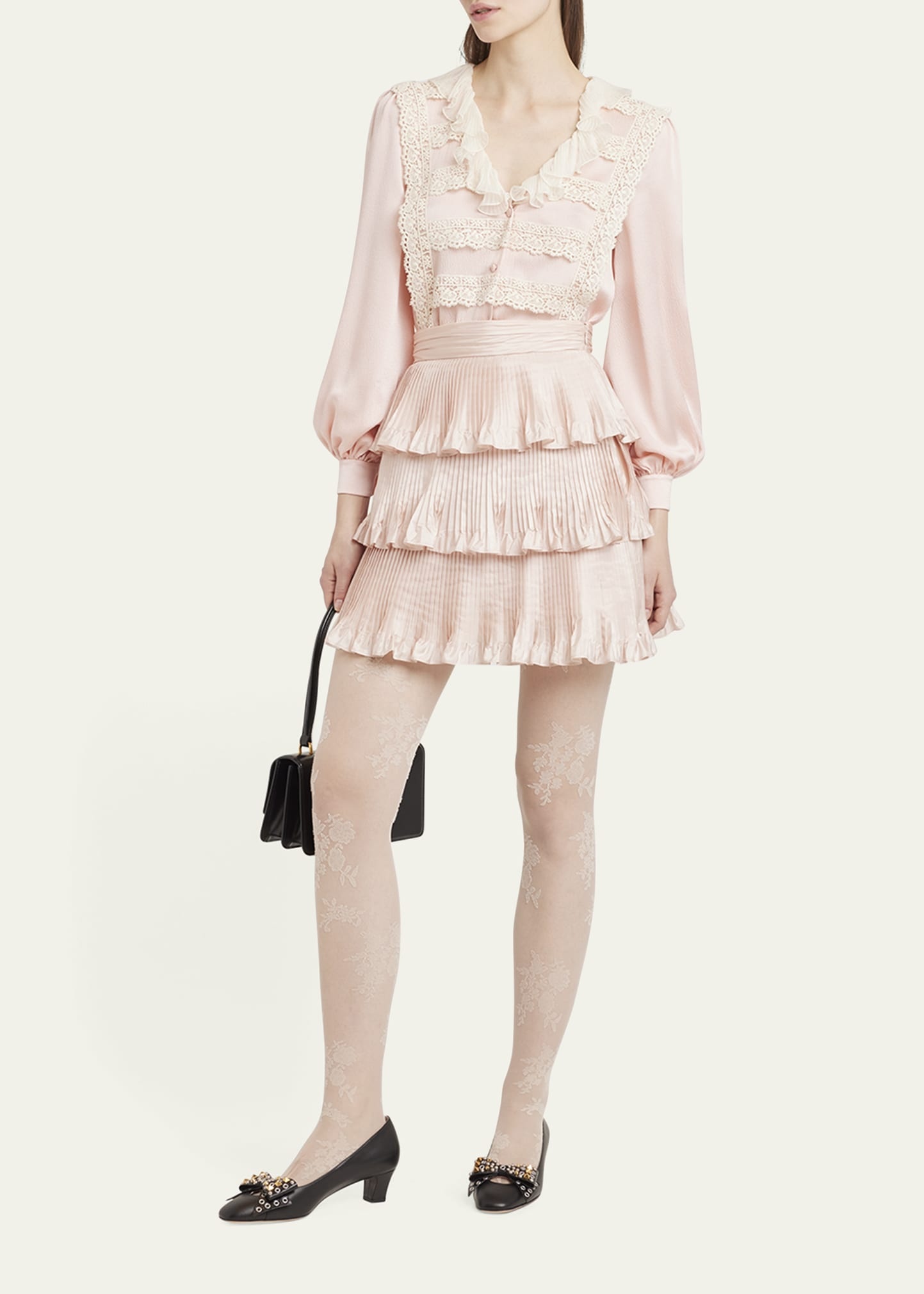 Ruffle V-Neck Lace Trim Silk Shirt - 2