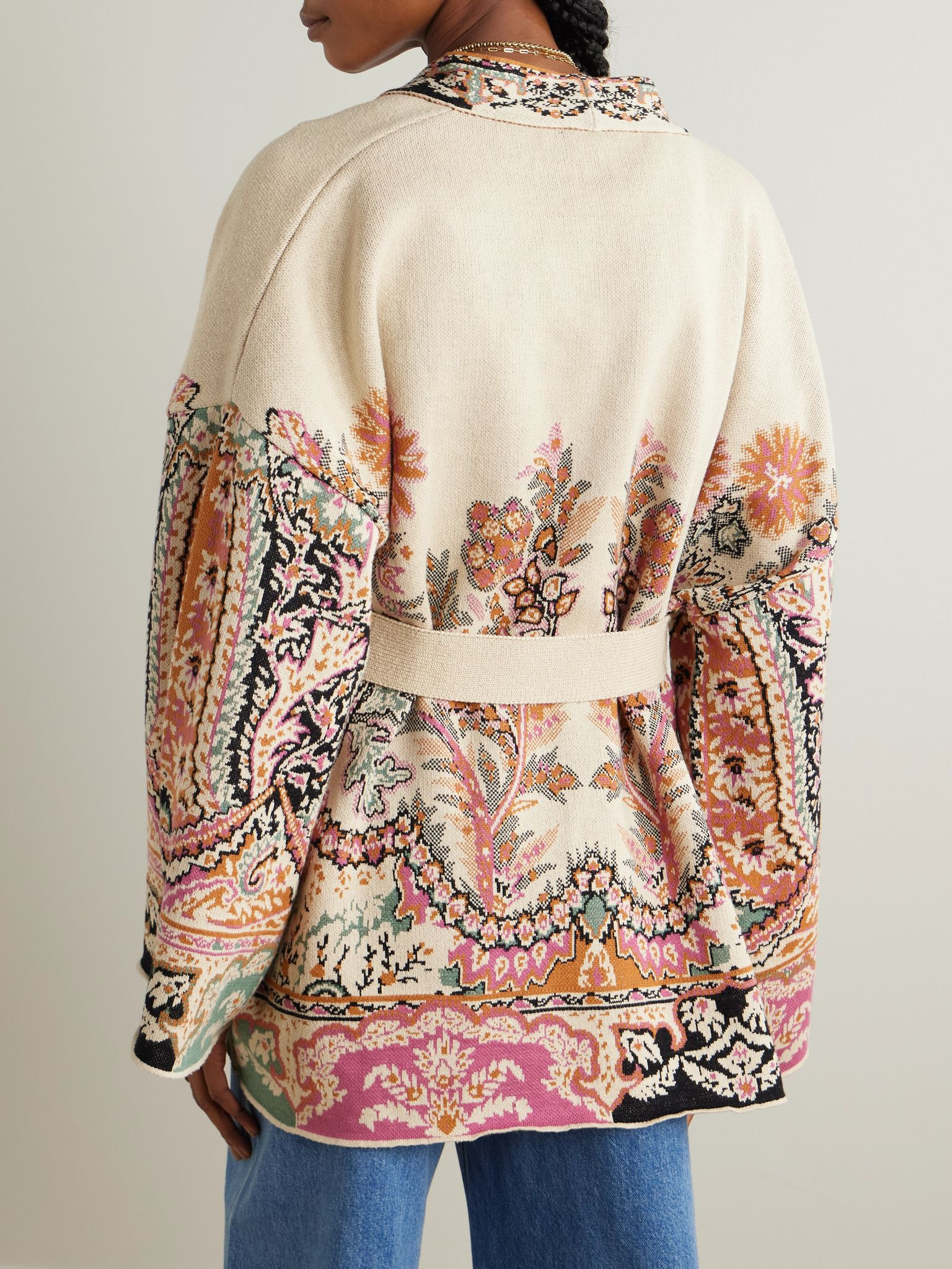 Belted silk, cotton and linen-jacquard cardigan Cream - 3