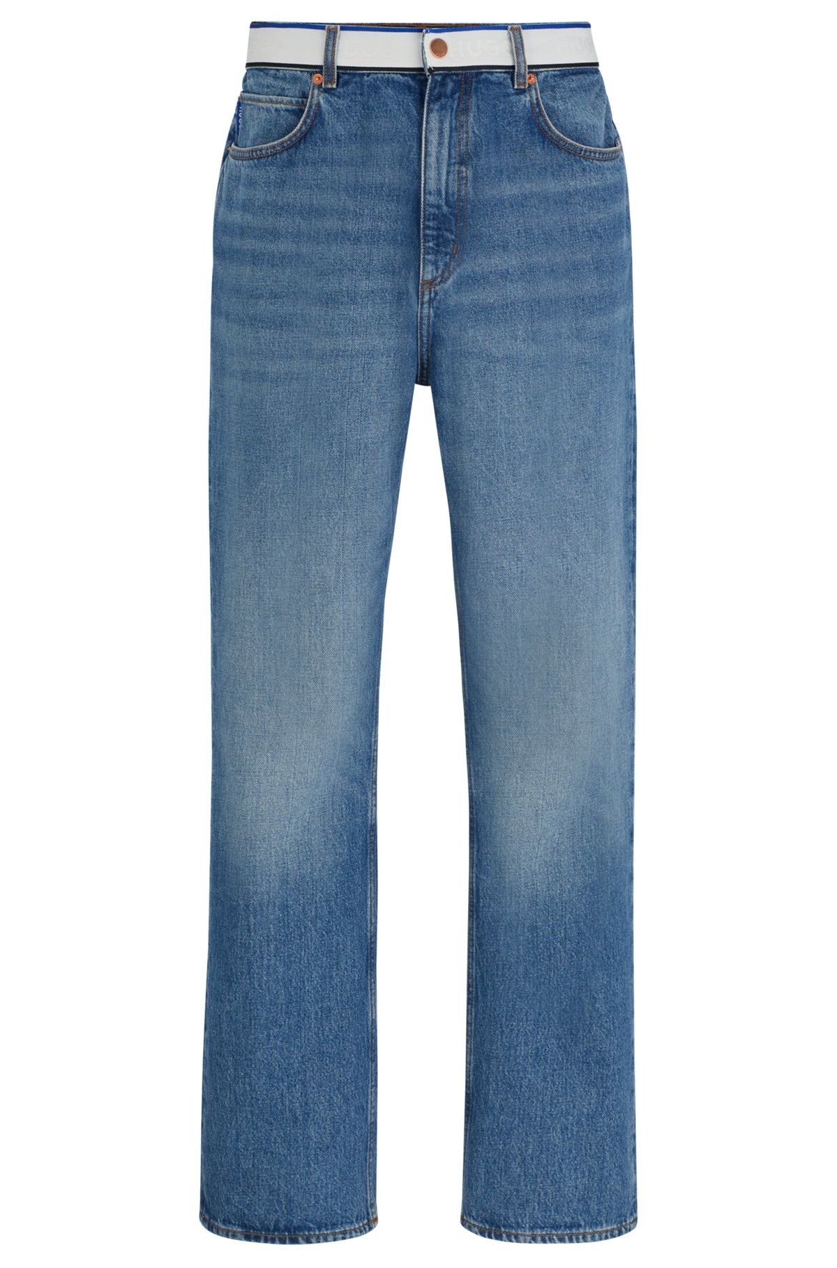 MID-BLUE DENIM JEANS WITH LOGO-TAPE WAIST - 1
