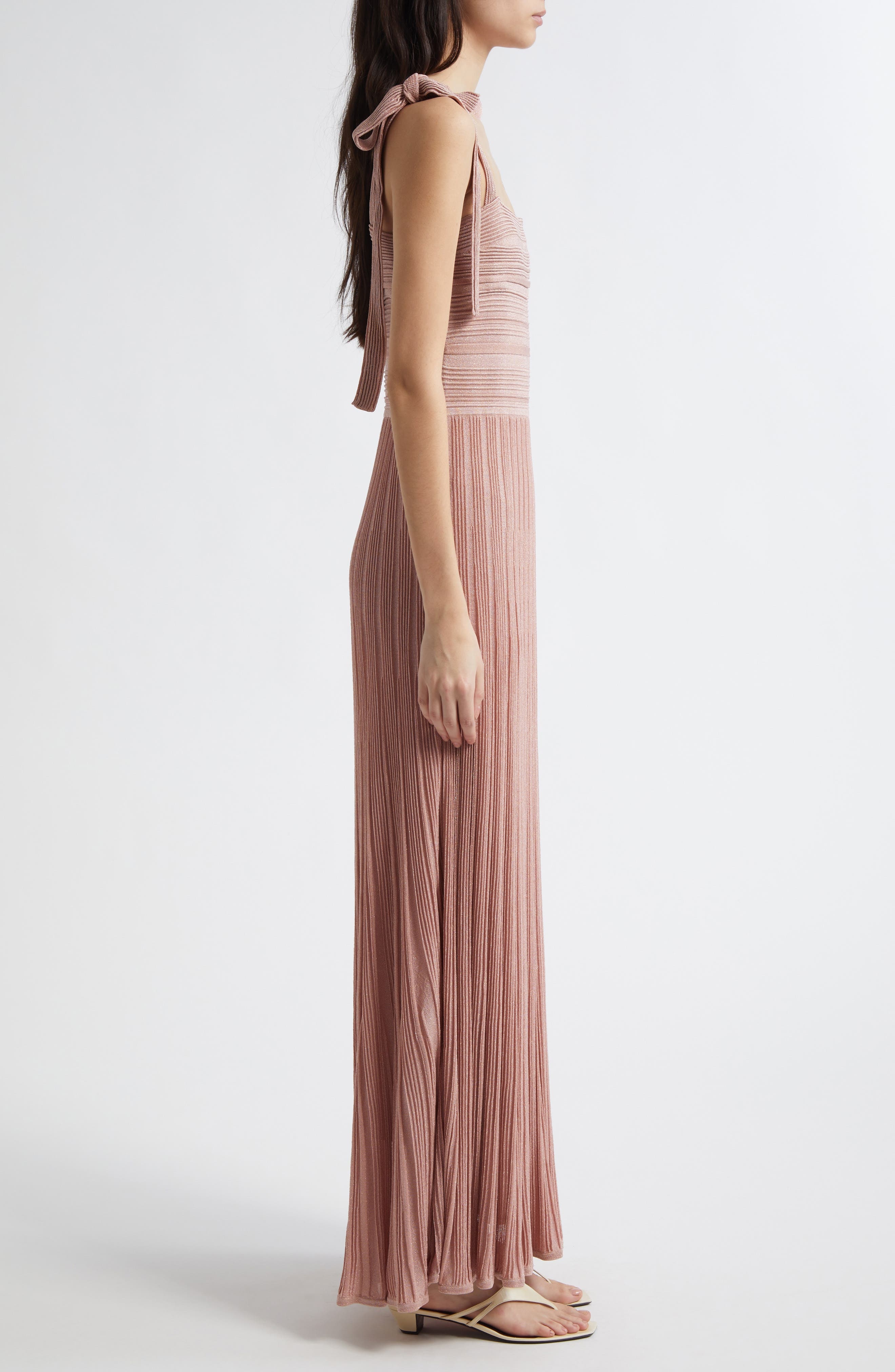 Zimmermann Lucky Tie Shoulder Metallic Rib Maxi Dress in Metallic Pink at Nordstrom - 3