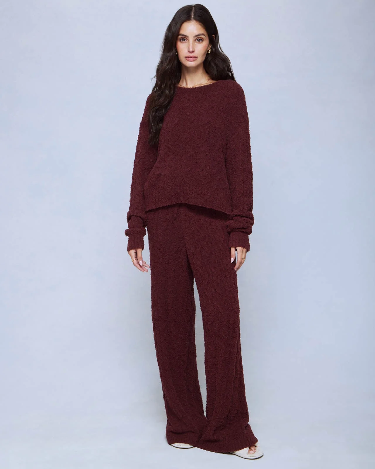 Merlot Fuzzy Cable Knit Sweater Wide Leg PJ Set - 1