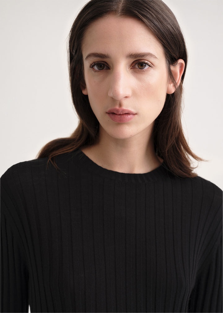 Round neck ribbed wool knit black - 5