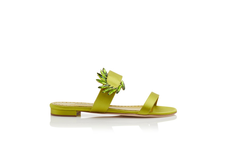 Lime Green Satin Embellished Flat Mules 1