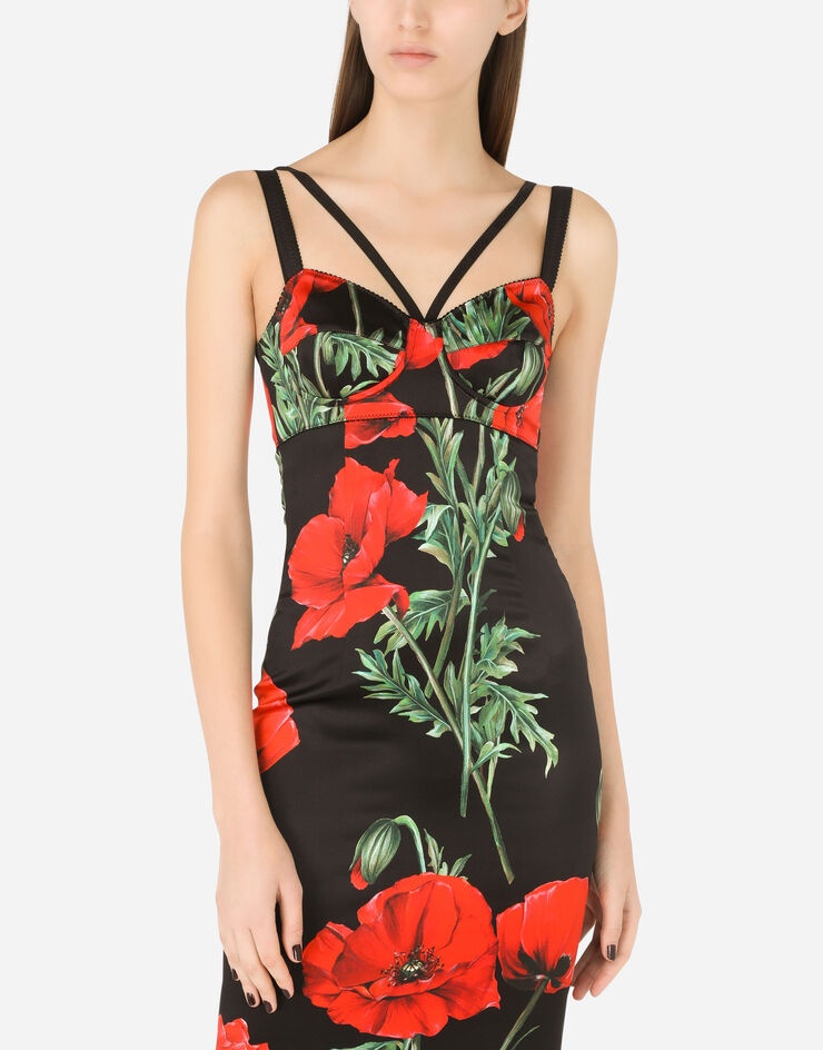 Satin calf-length corset dress with poppy print - 4