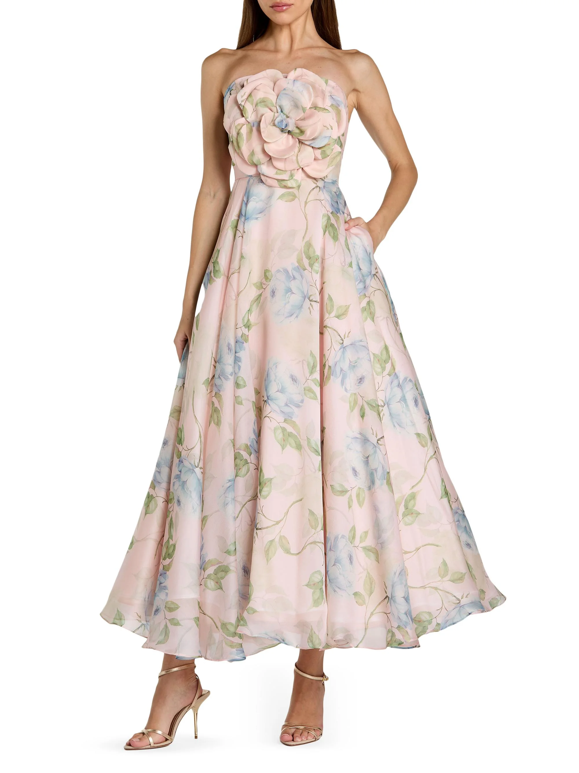 Women's Floral Organza A-Line Strapless Cocktail Dress - Powder Blue Multi - 1