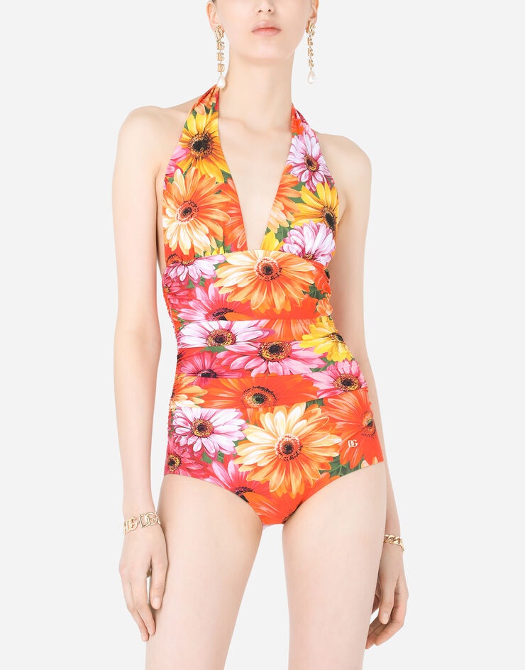 One-piece swimsuit with plunging neckline and gerbera-daisy print - 4