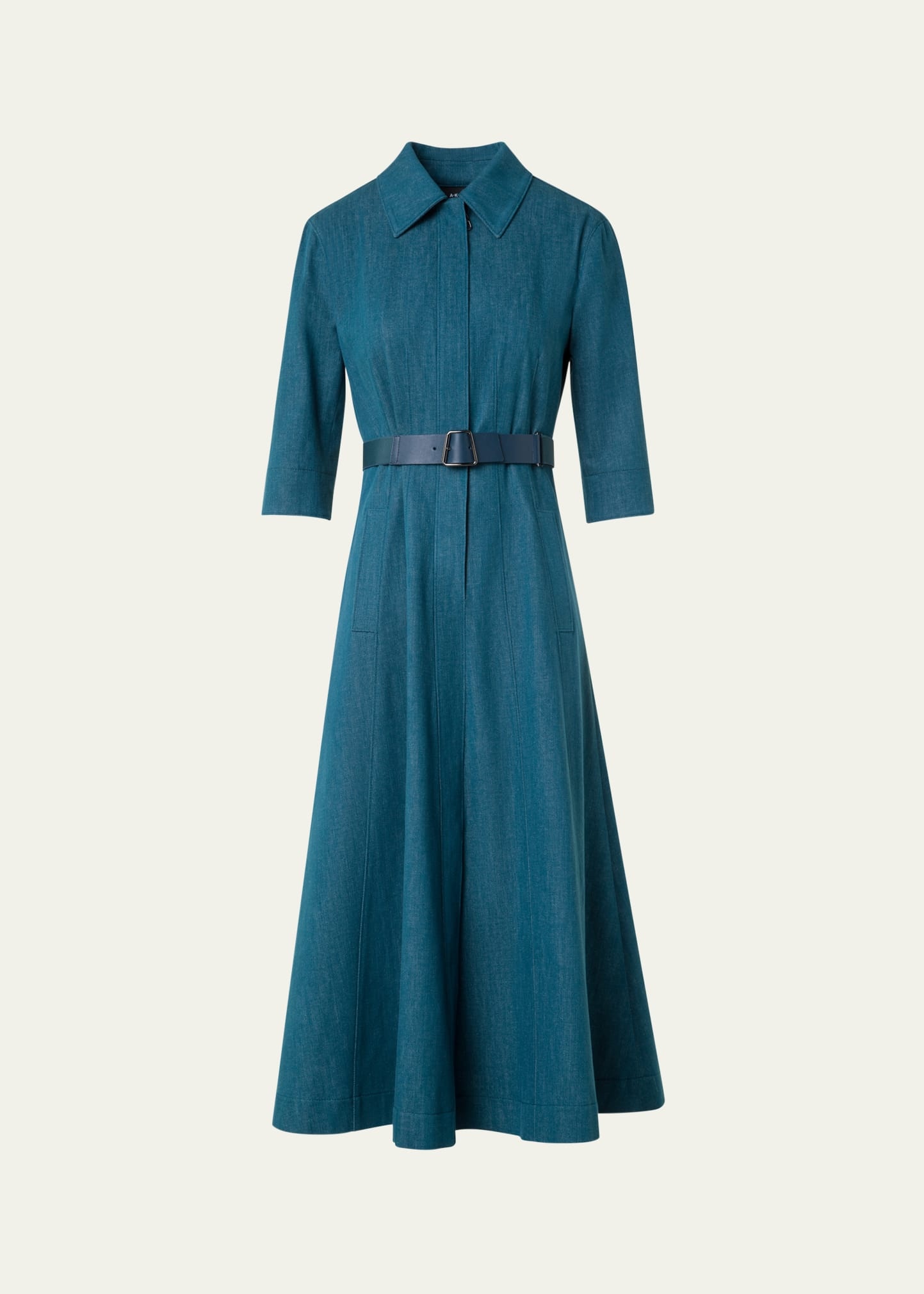 Belted Cotton Denim Stretch Midi Dress - 1