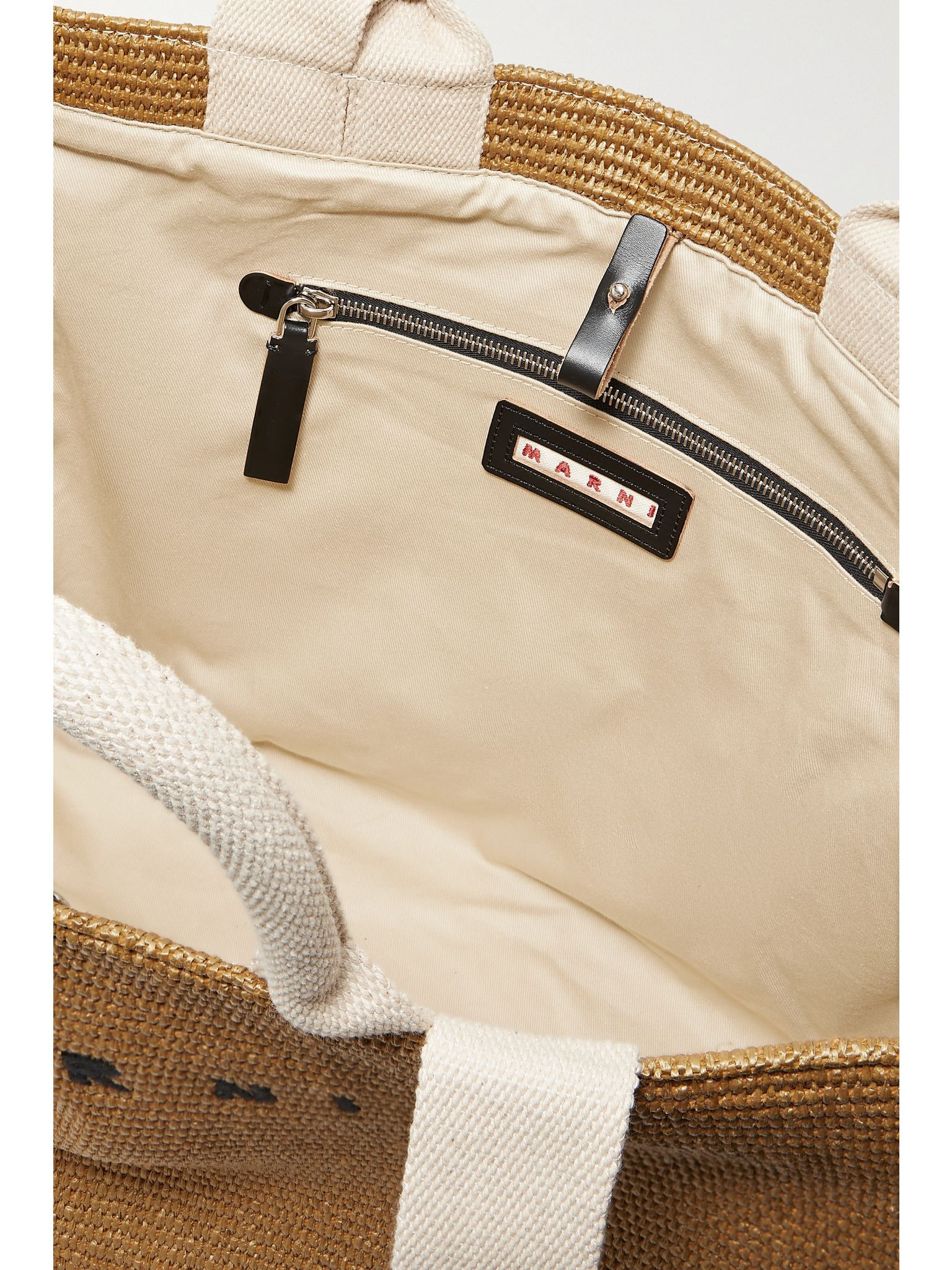 Large canvas-trimmed embroidered raffia tote Beige - 5