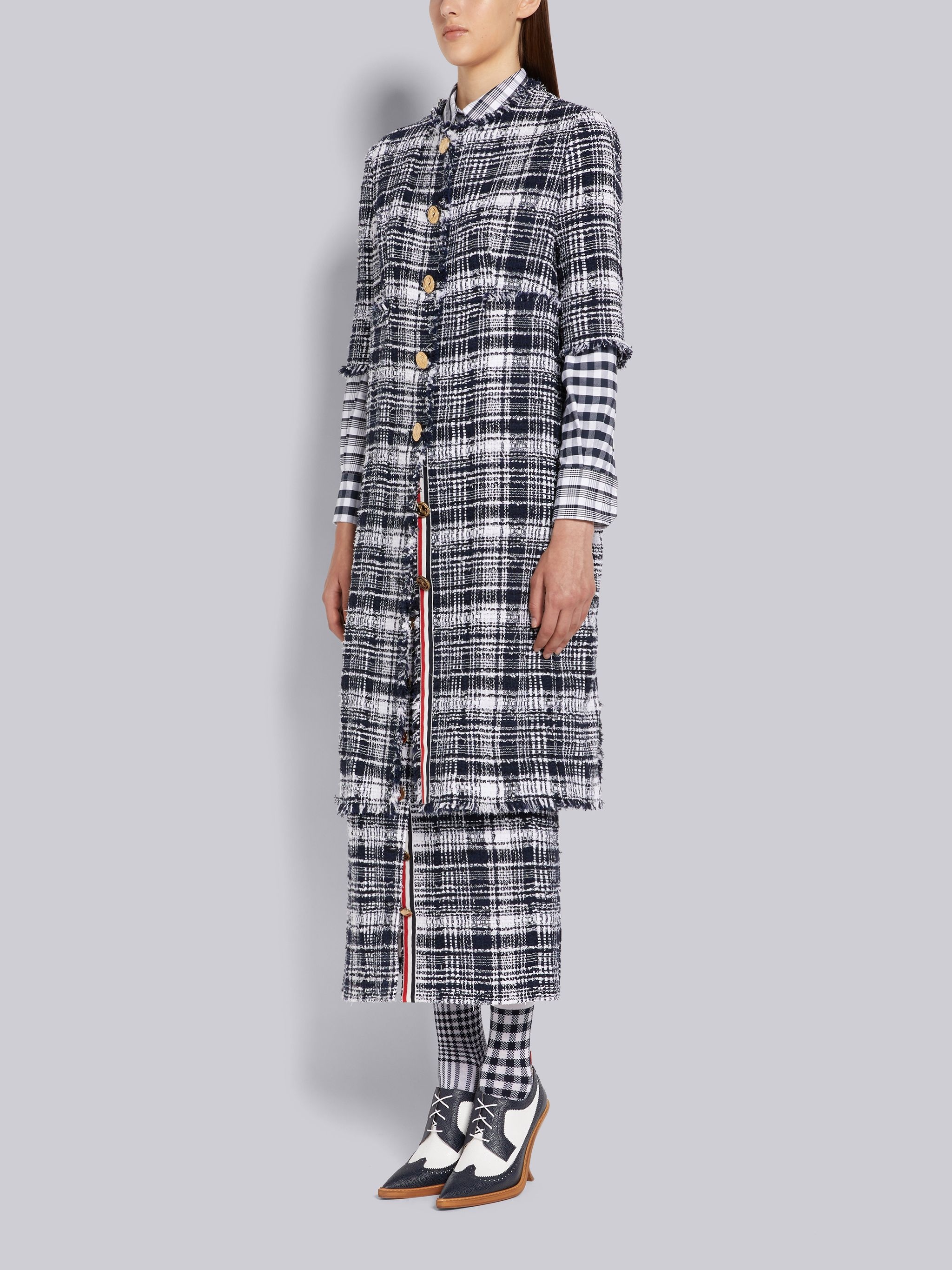 Navy Hairline Madras Ribbon Tweed Frayed Unconstructed Short Sleeve Unconstructed Cardigan Overcoat - 2