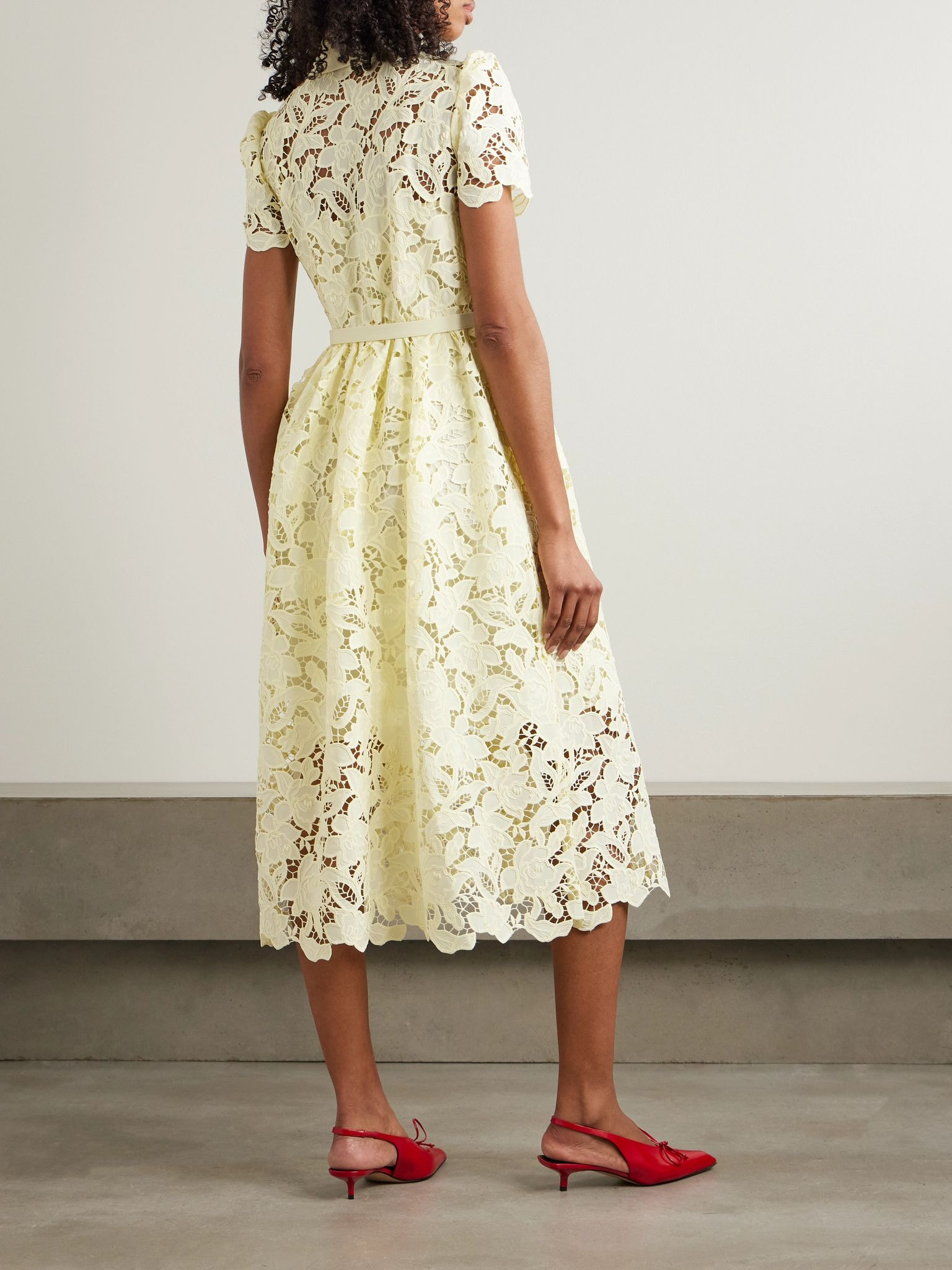 Belted corded lace midi dress Yellow - 3