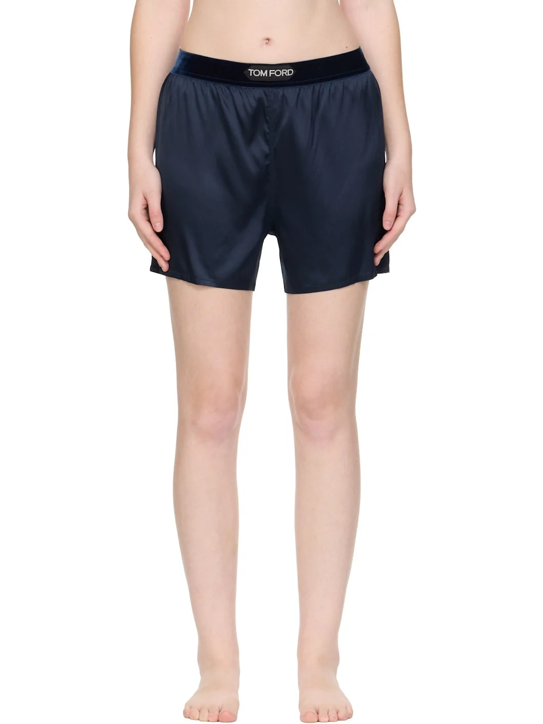 Navy Stretch Silk Satin Boxer Shorts - 1