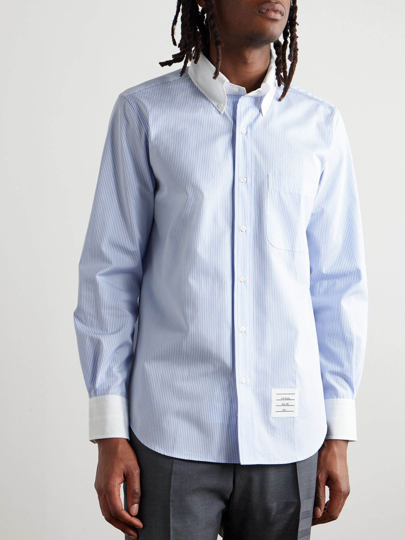 Button-Down Collar Logo-Appliquéd Striped Cotton-Poplin Shirt Blue - 3