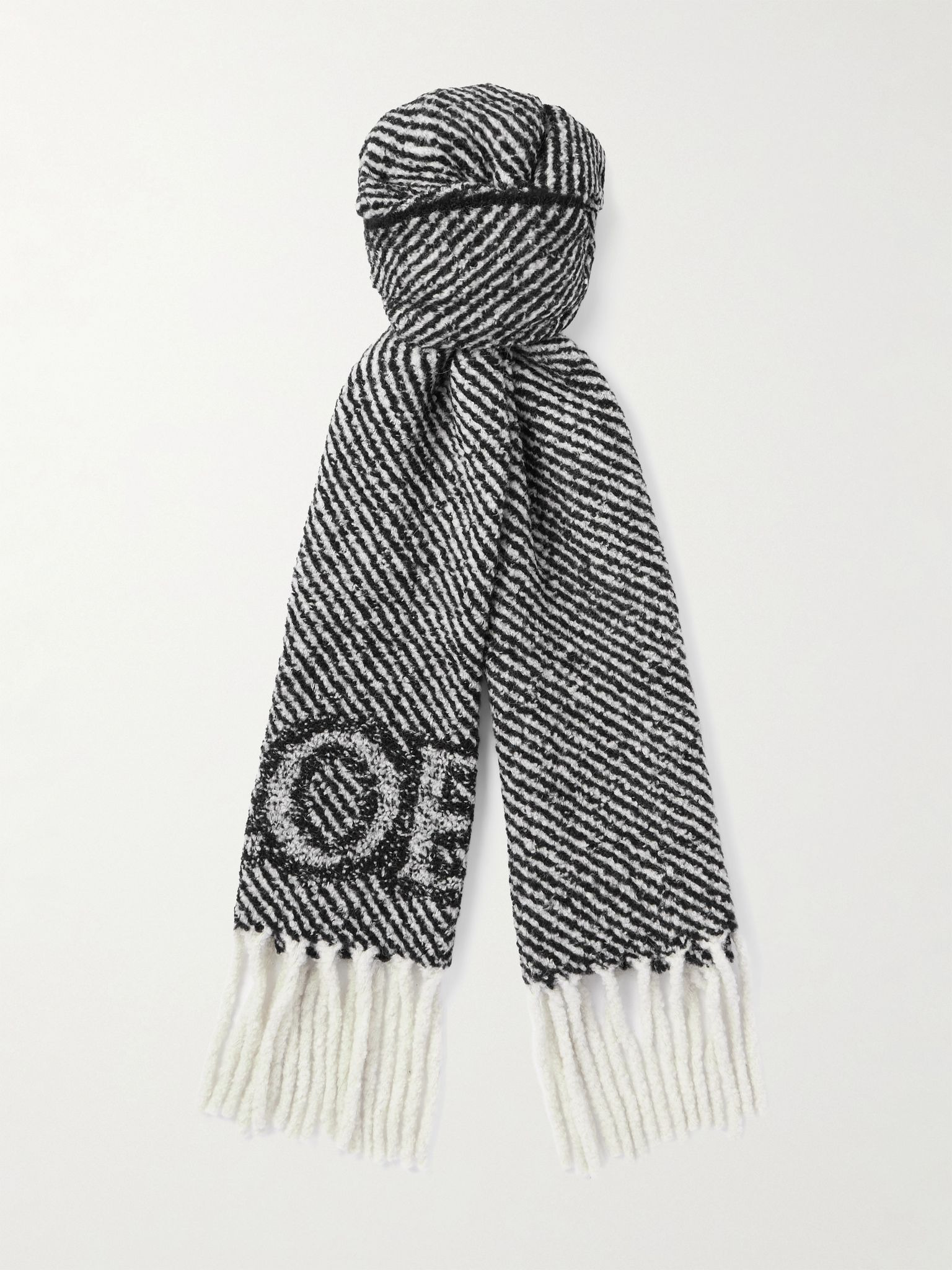 Fringed Logo-Jacquard Striped Alpaca-Blend Bouclé Scarf Gray - 1