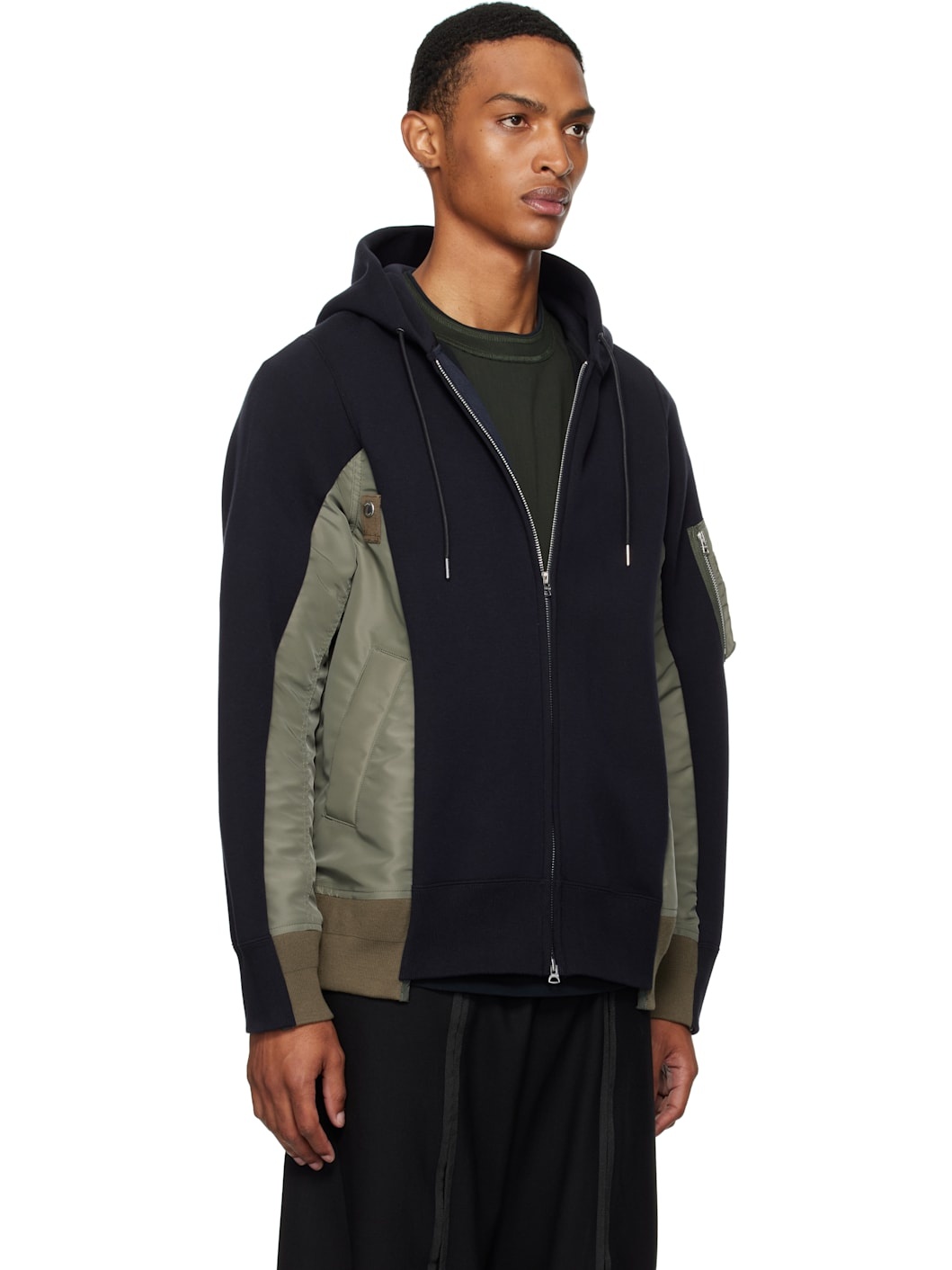 Navy & Khaki Sponge Sweat & Nylon Twill Hoodie - 2