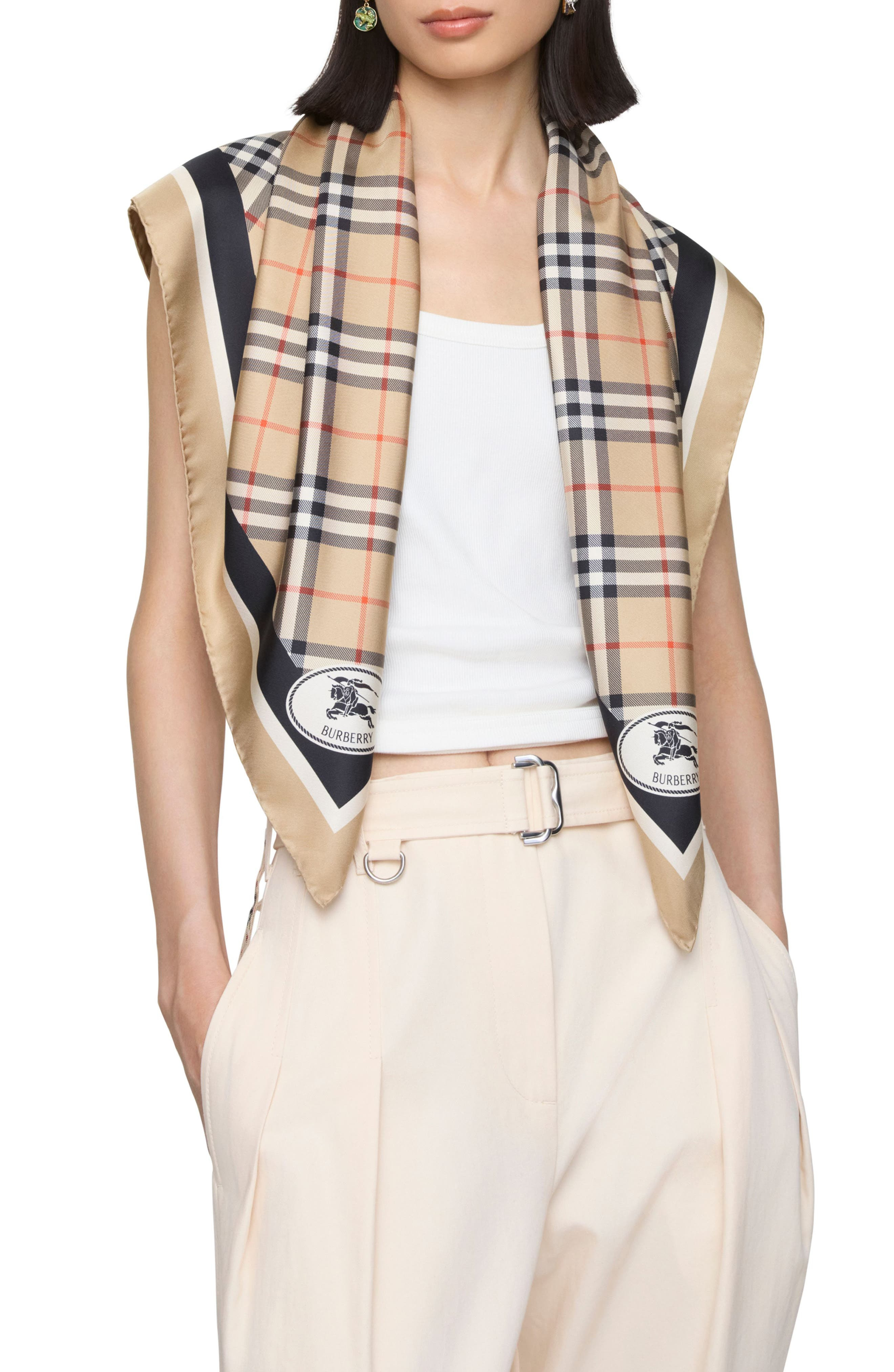 burberry Medium Check EKD Stamp Square Silk Twill Scarf in Sand at Nordstrom - 2