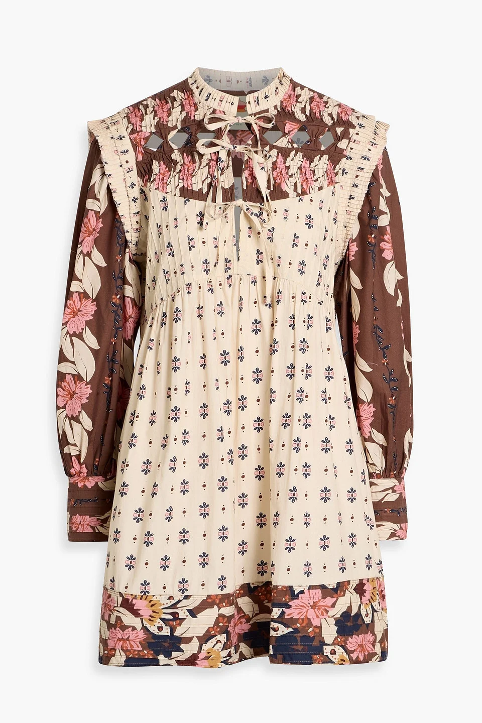 Pintucked printed cotton-voile mini dress - 1