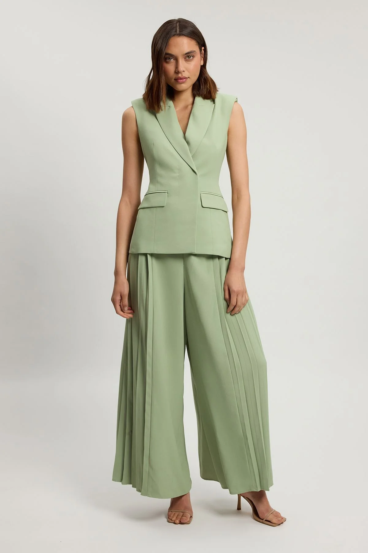 Petite Tailored Crepe Asymmetric Pleat Wide Leg Jumpsuit - 1