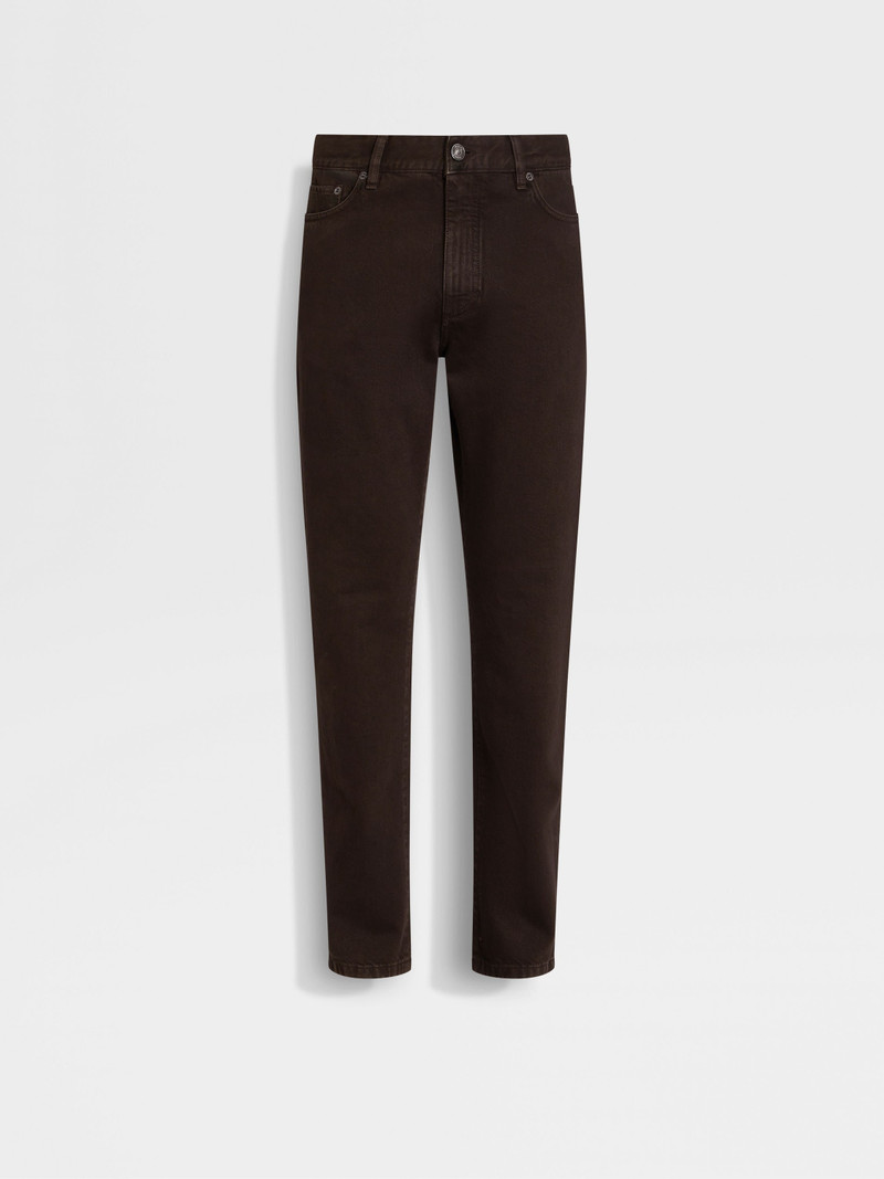DARK BROWN STONE-WASHED COTTON ROCCIA JEANS 1