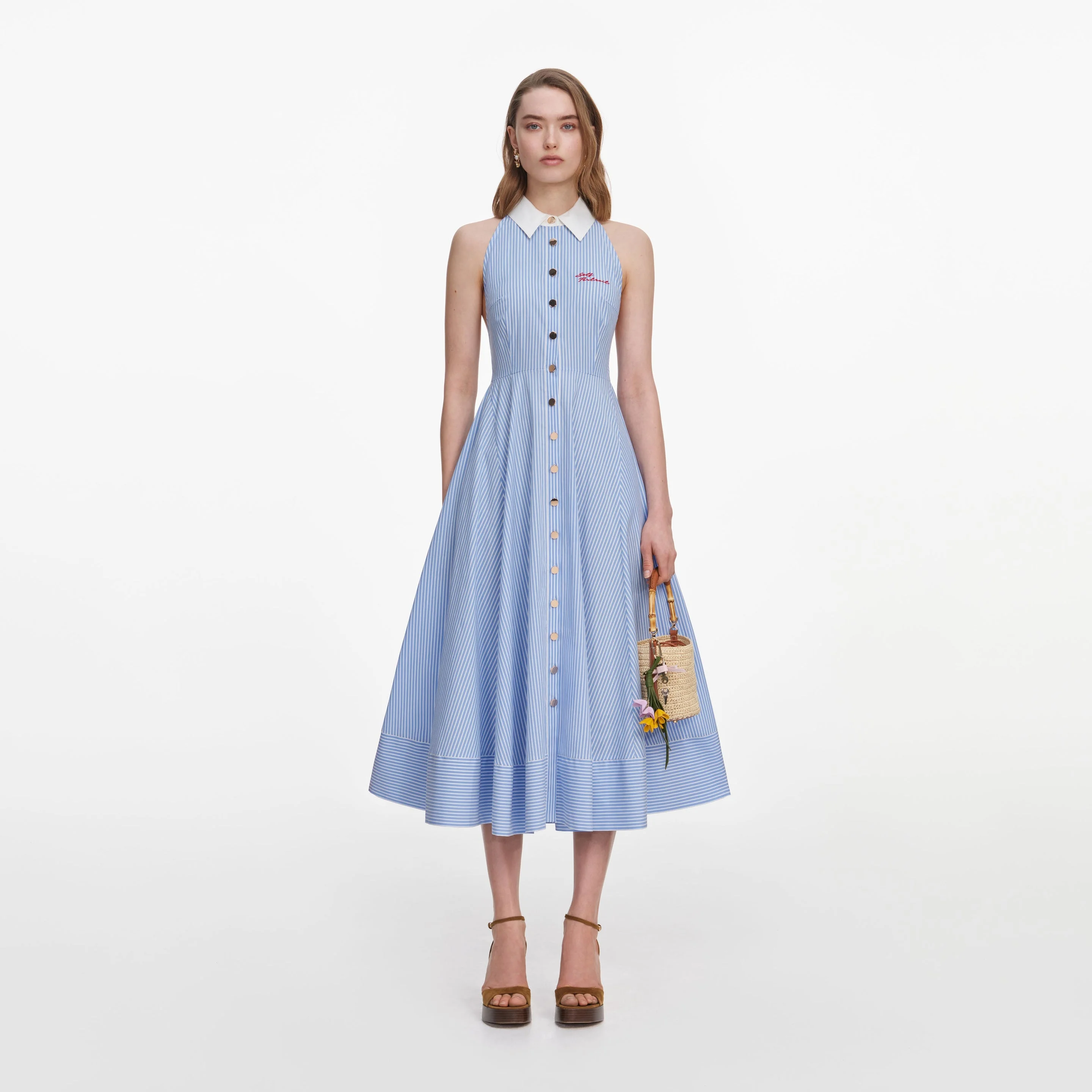 Blue Striped Cotton Midi Dress - 1