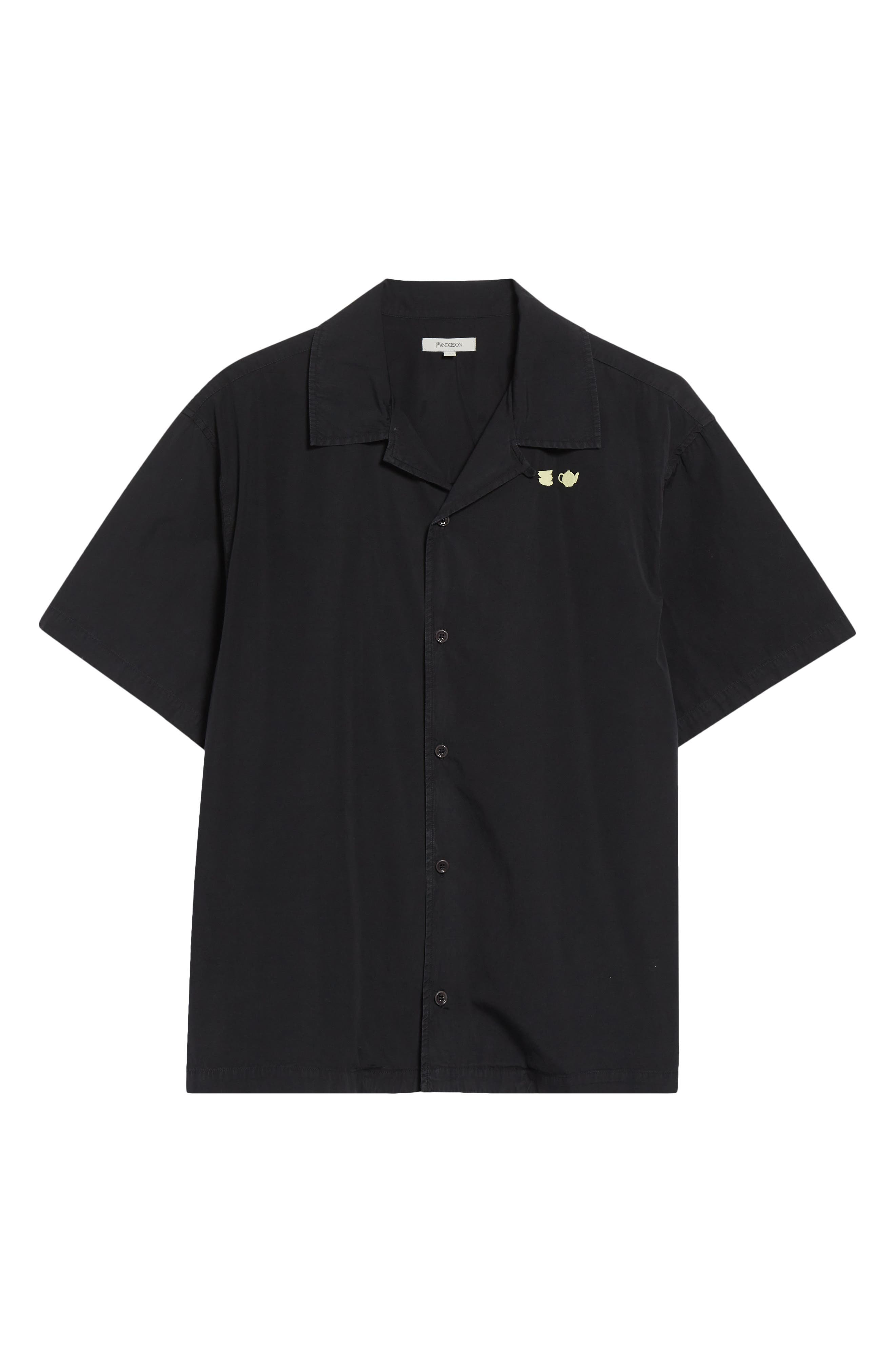 JW Anderson Contrast Crockery Embroidered Camp Shirt in Washed Black at Nordstrom - 1