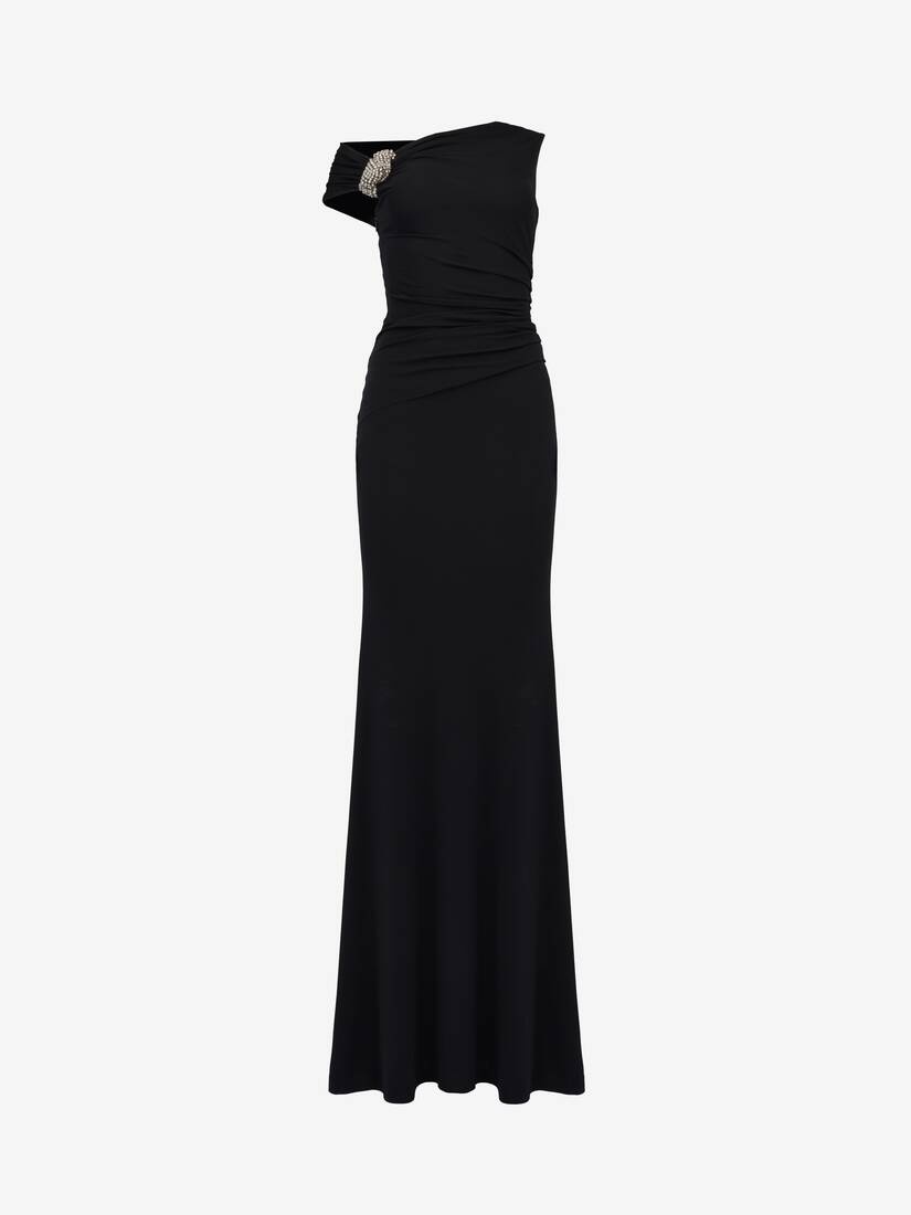 Women's Asymmetric Crystal Knot Evening Dress in Black - 1