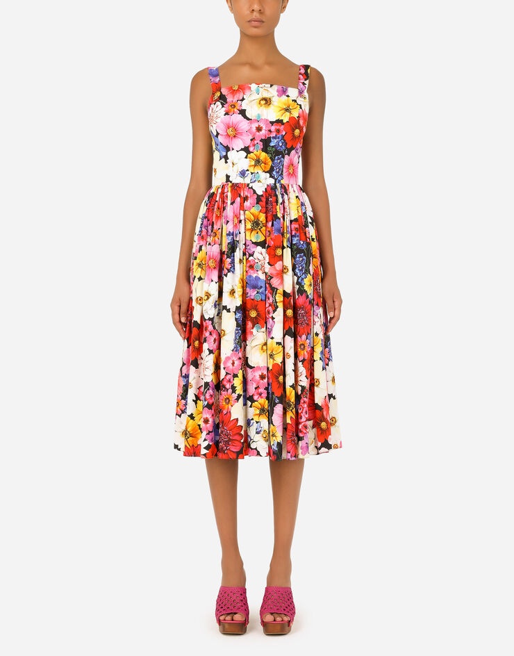 Calf-length poplin dress with garden print - 1