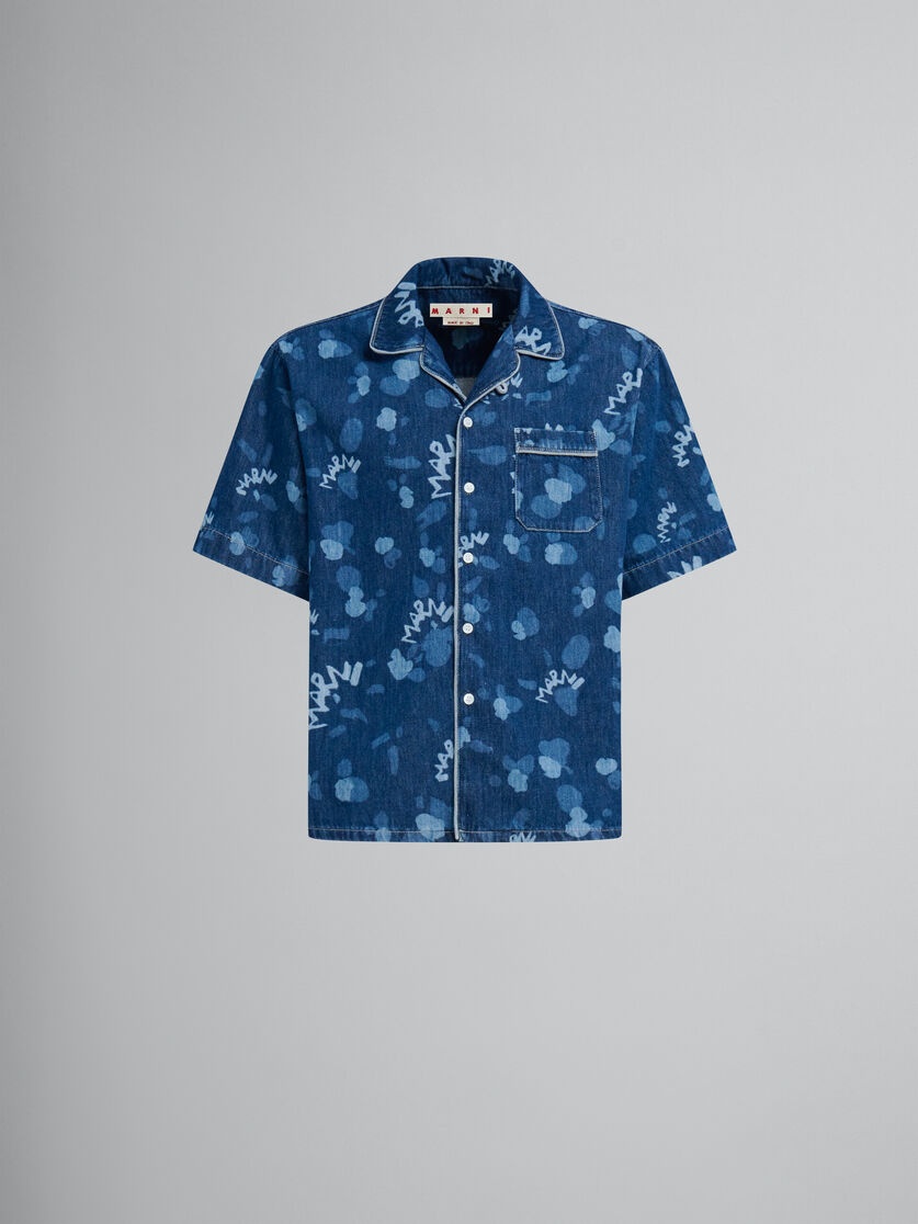 BLUE DENIM BOWLING SHIRT WITH MARNI DRIPPING PRINT - 1