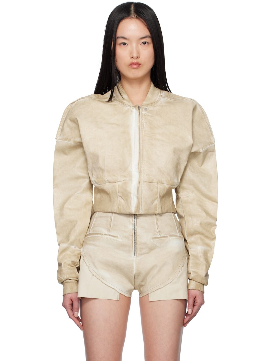 Beige Hollywood Cropped Denim Flight Jacket - 1