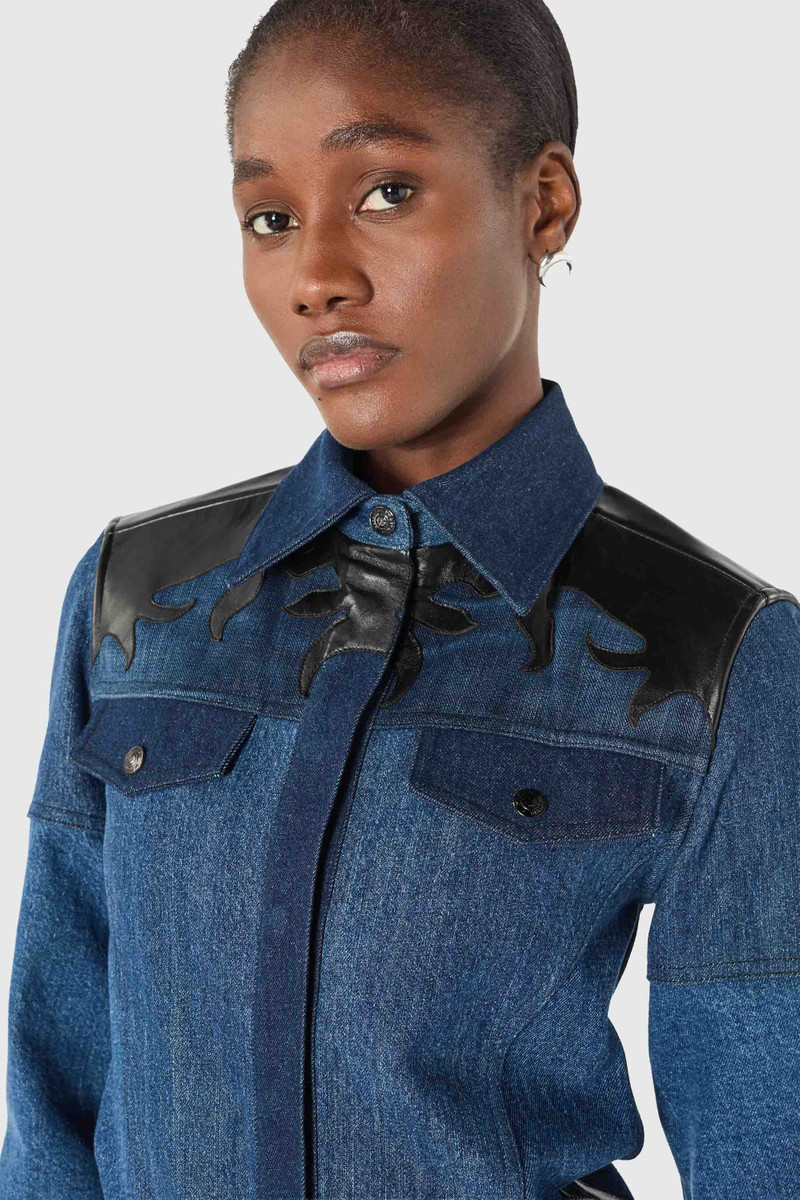 Upcycled denim trucker jacket with leather patches 3