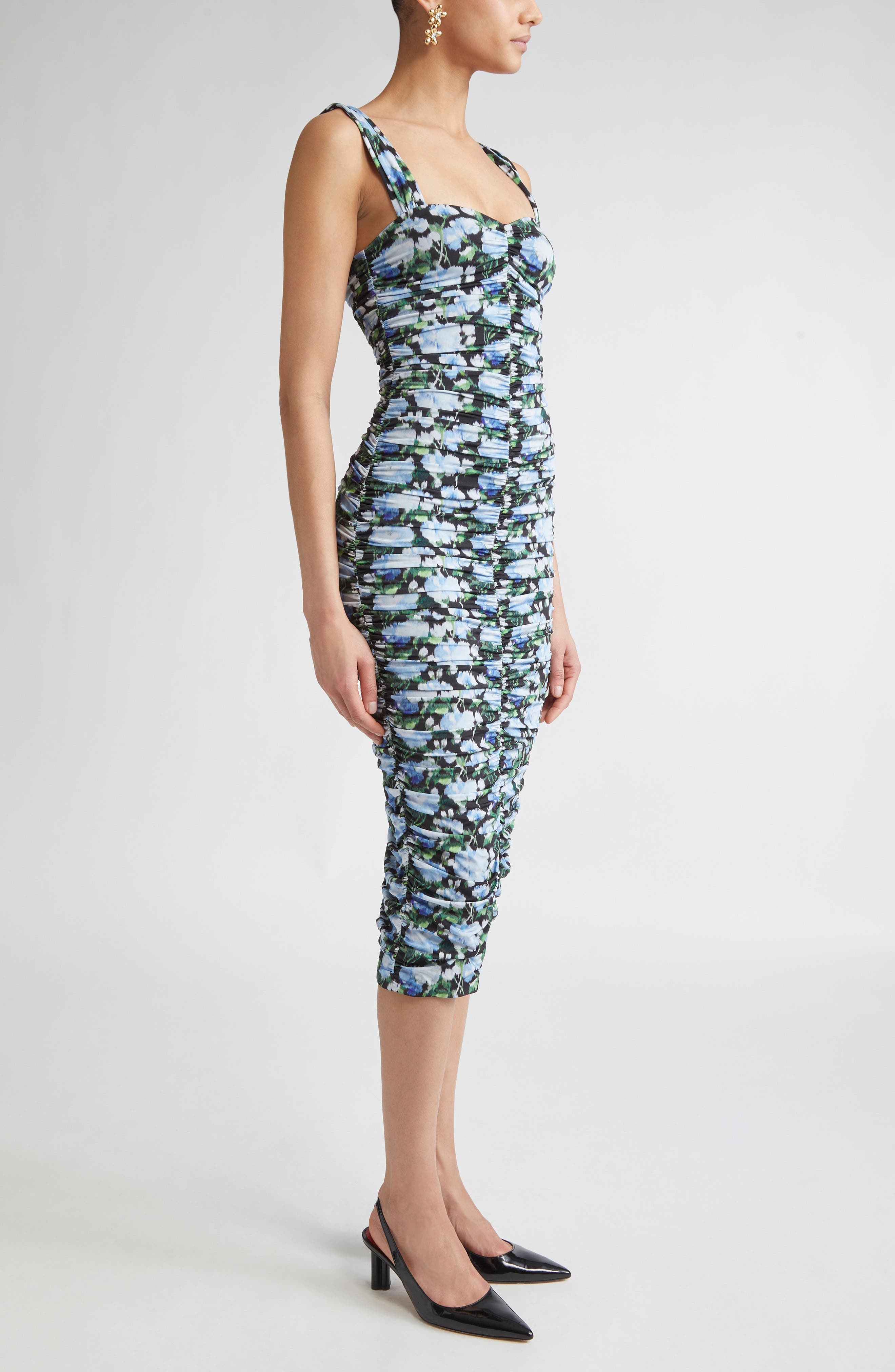 Carolina Herrera Peony Print Ruched Stretch Jersey Midi Dress in Blue Multi at Nordstrom - 3