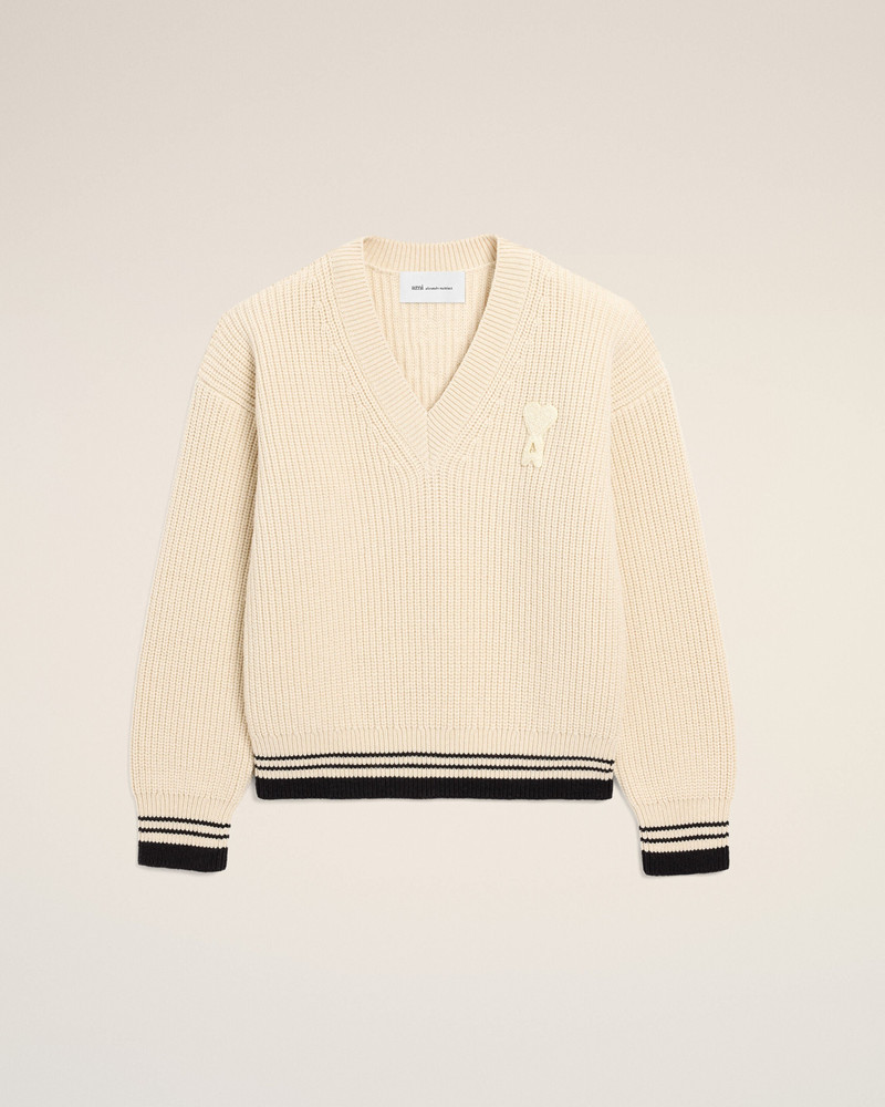 WHITE RIBBED WOOL V NECK AMI DE COEUR SWEATER 1