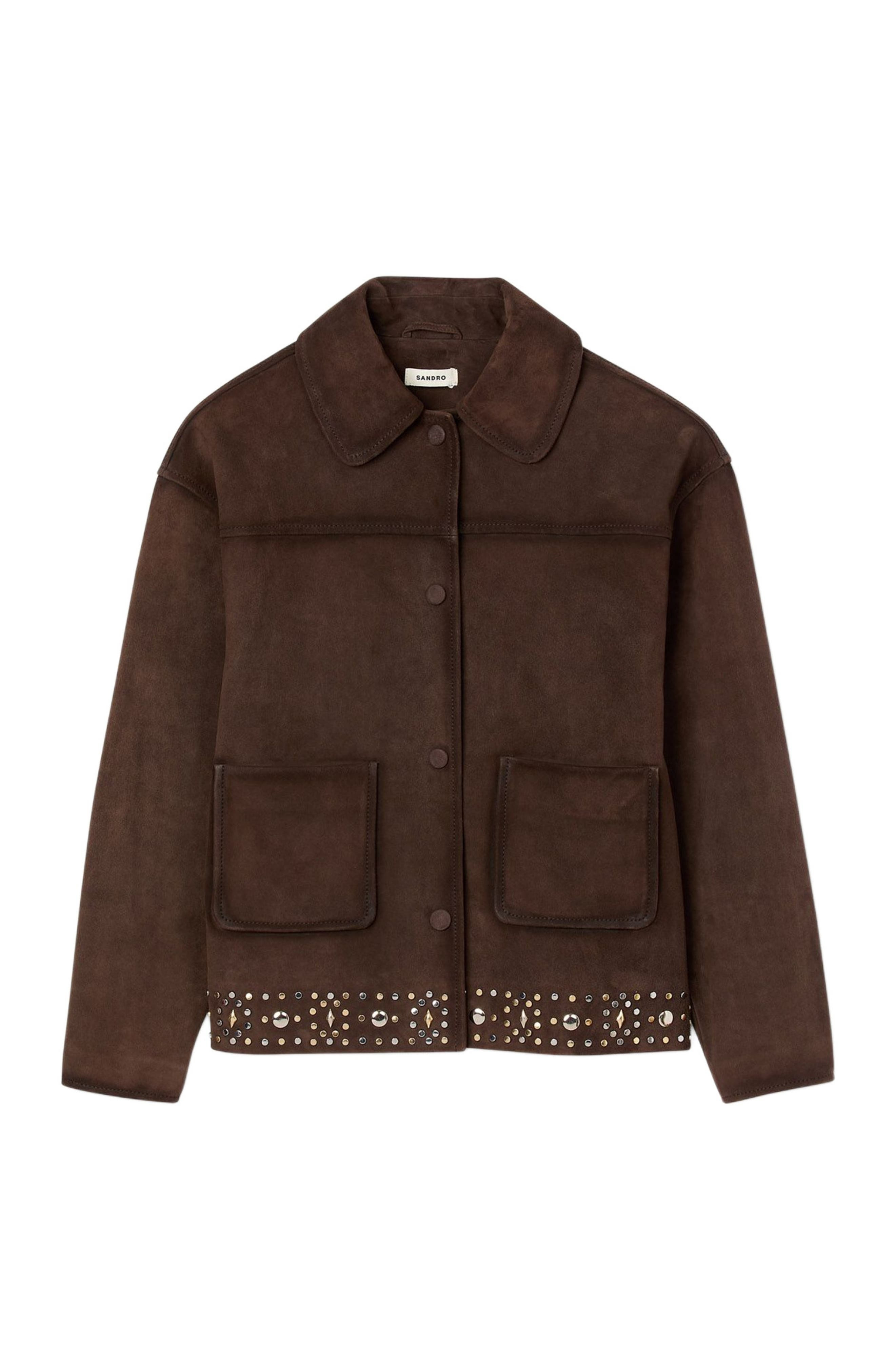 SANDRO Studded suede leather jacket in Brown at Nordstrom - 5