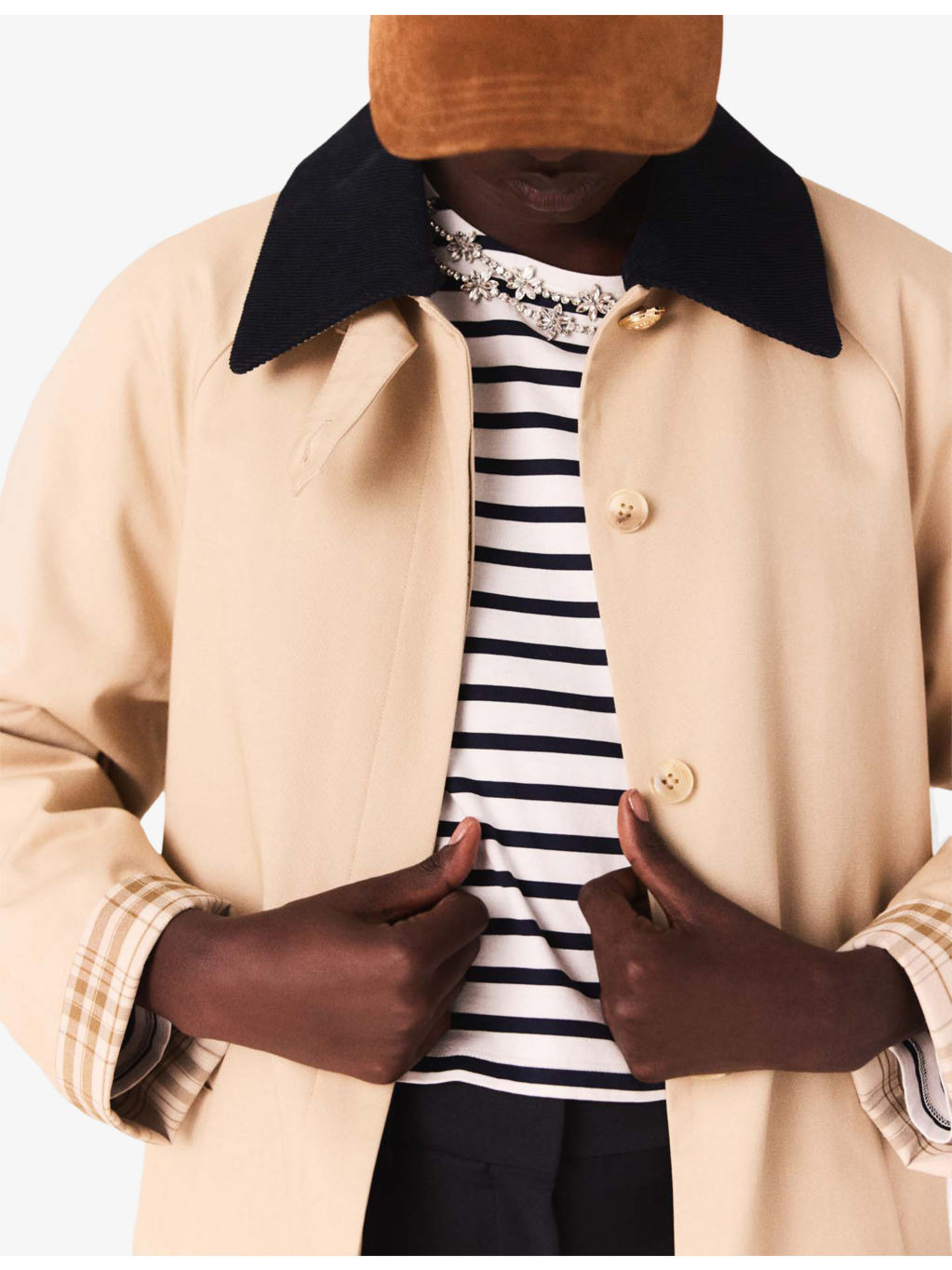 Corduroy-Collar Checked-Cuffs Cotton Trench Coat - 3