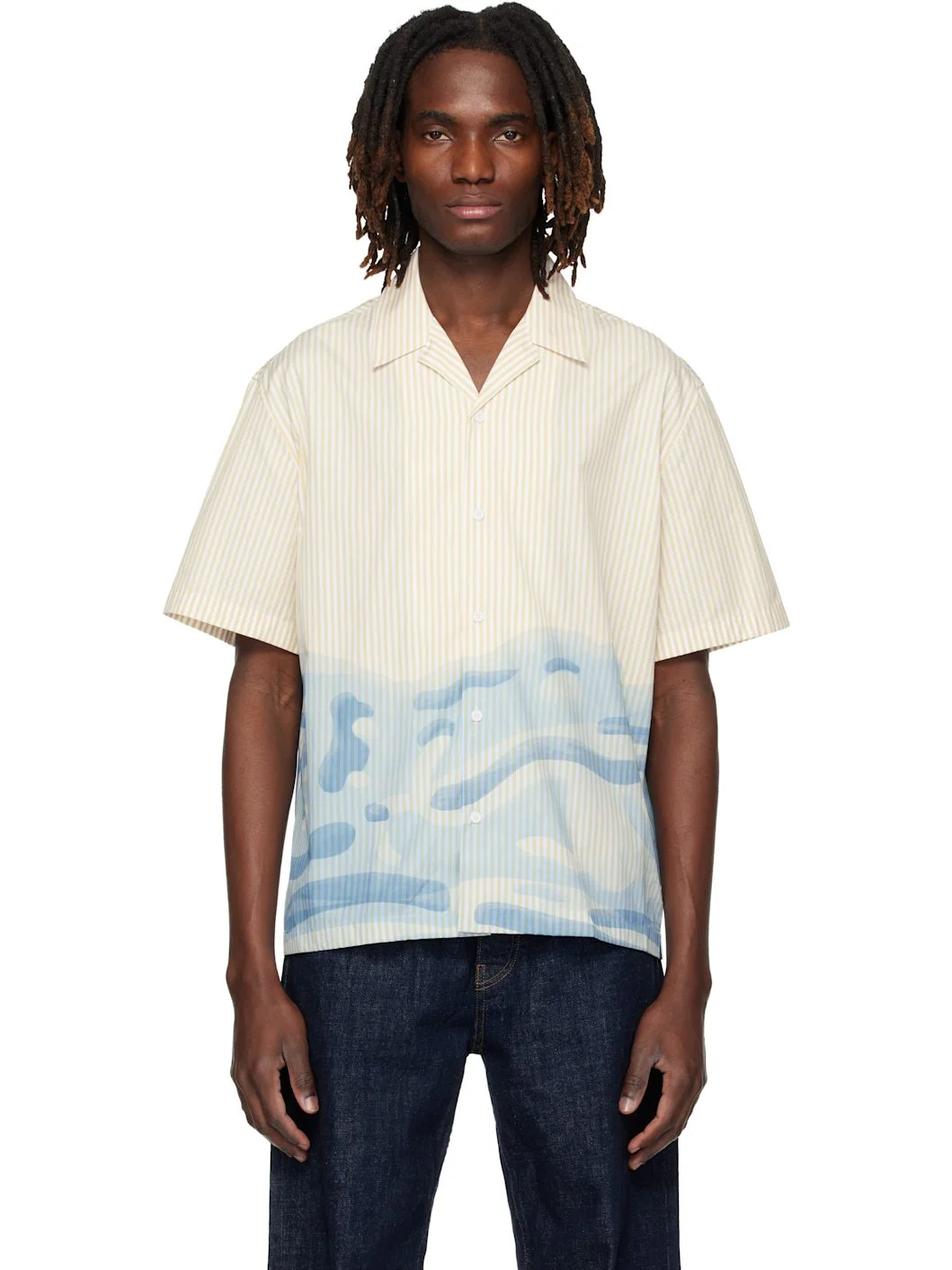 White & Blue Relaxed Fit Striped Lacoste Logo Shirt - 1