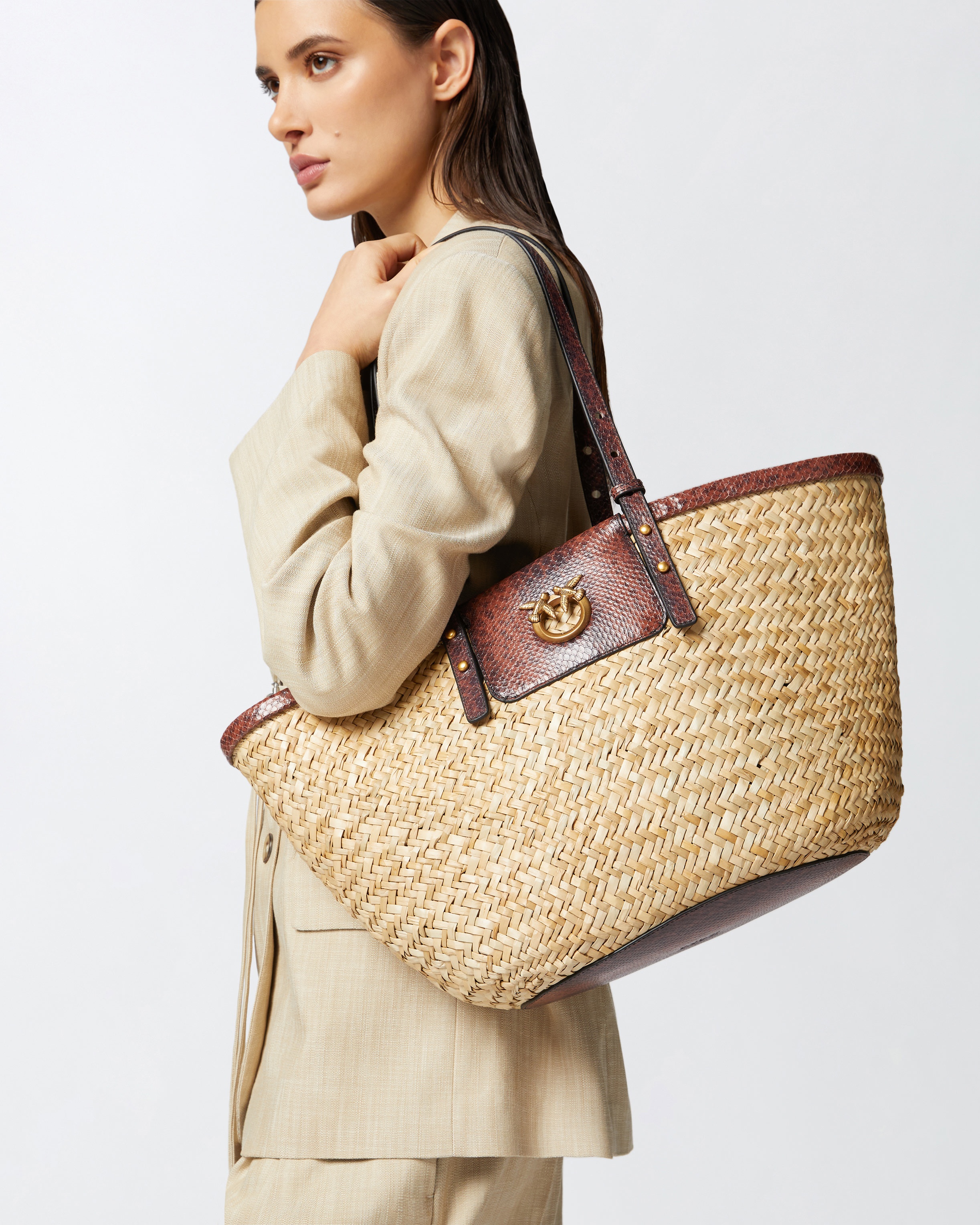 RAFFIA SHOPPER BAG WITH REPTILE-PRINT DETAILS - 5